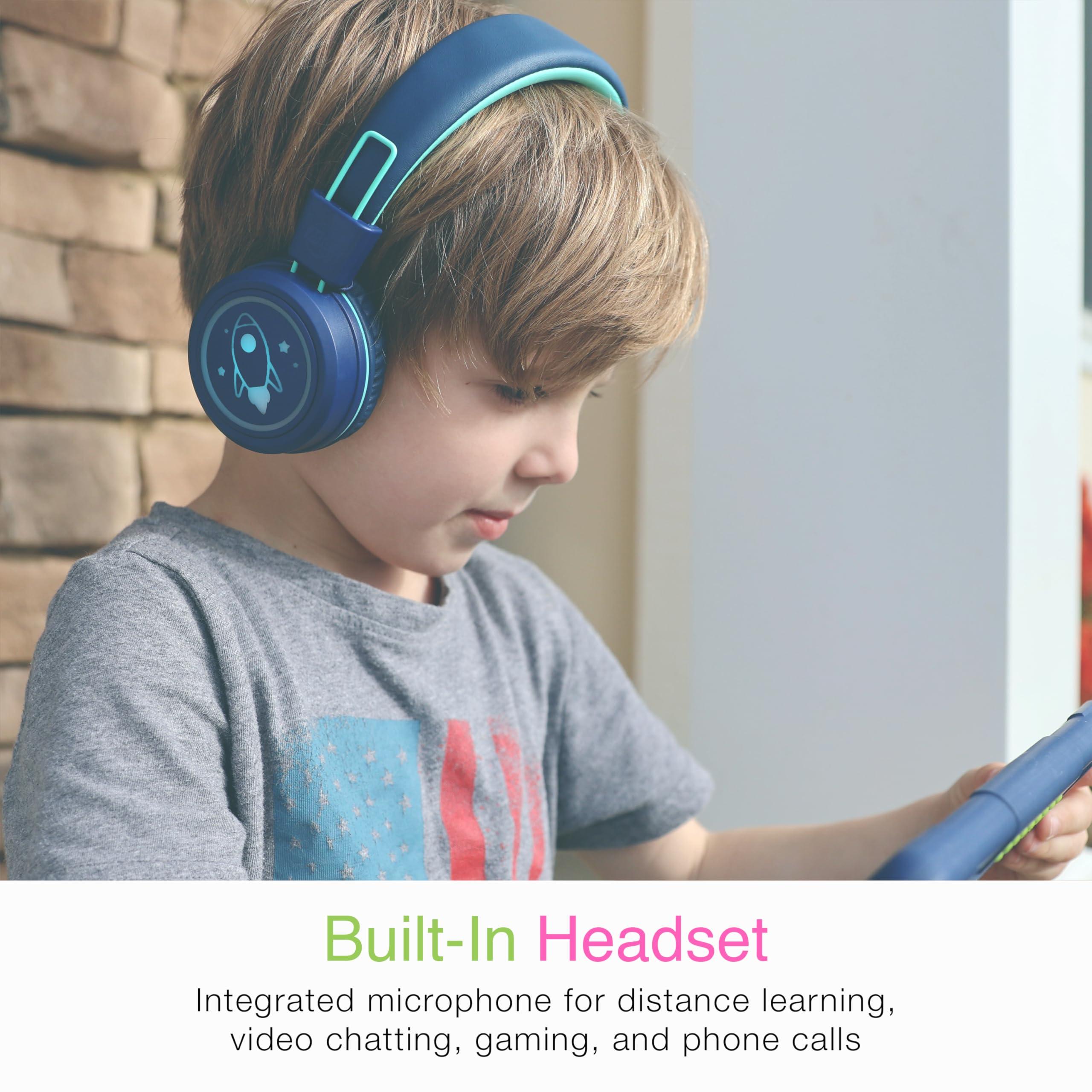 MEE audio MEE audio KidJamz KJ55BT Personalized Bluetooth Wireless Safe Listening Headphones for Kids w/Custom LED-Backlit Design, Volume Limiter, Microphone; Kids Headset for School/iPhone/iPad/Tablet (Blue)