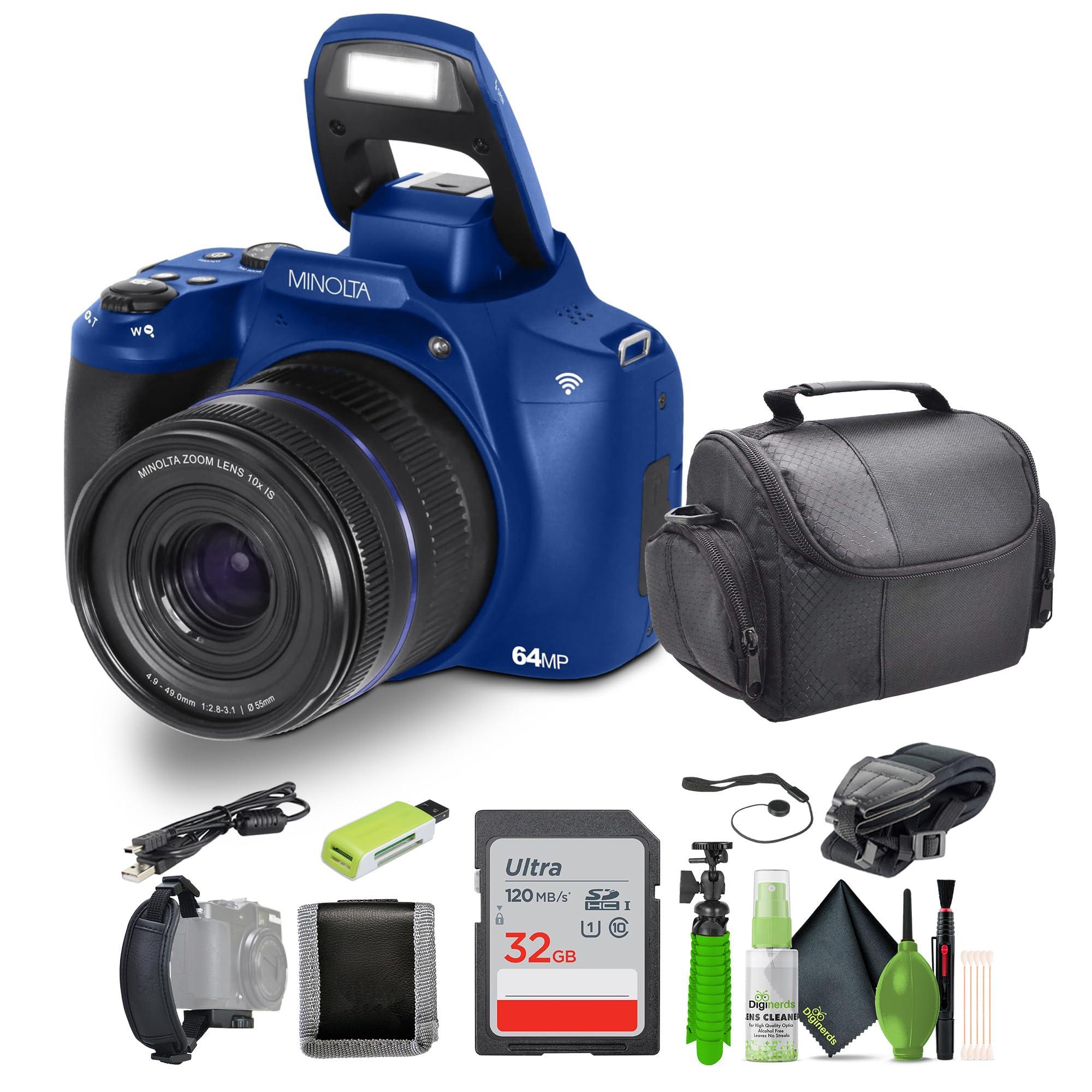 Konica Minolta Minolta 64 Mega Pixels Auto Focus Digital Camera with 10x Optical Zoom, 4K Ultra HD Video and Macro Shooting, Bundle with 32 GB Memory Card + Vlogging Tripod + Cleaning kit + More Accessories (Blue)