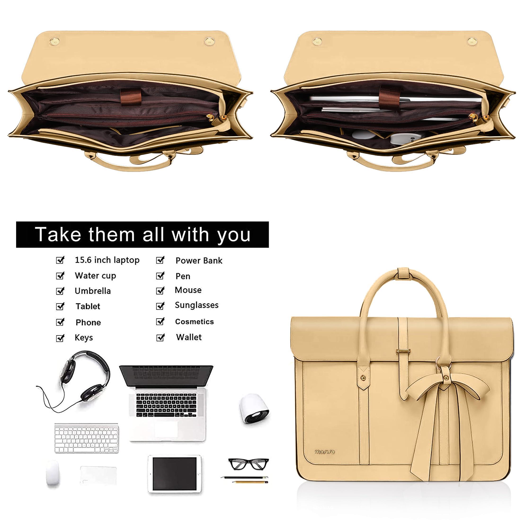 MOSISO MOSISO Laptop Bag for Women, 15-15.6 inch PU Leather Laptop Shoulder Bags Convertible Backpack, 16 inch Messenger Bags Casual Handbag Work Briefcase Travel Computer Bag with Bowknot, Turmeric