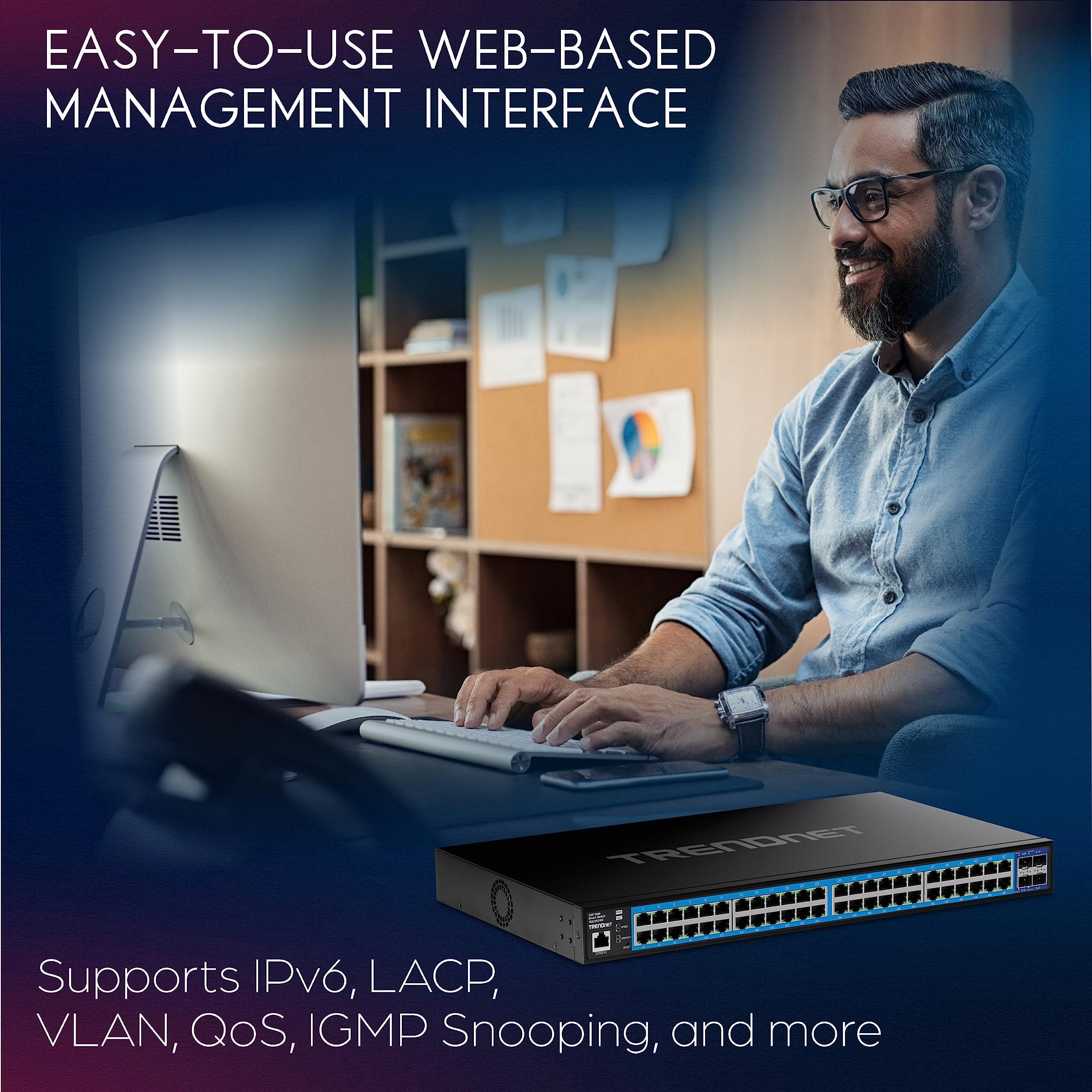 TRENDnet TRENDnet 52-Port Gigabit Web Smart Switch with 10G SFP+ Ports, TEG-3524S, 48 x Gigabit Ports, 4 x 10G SFP+ Ports, Network Ethernet Switch, Lifetime Protection, Black