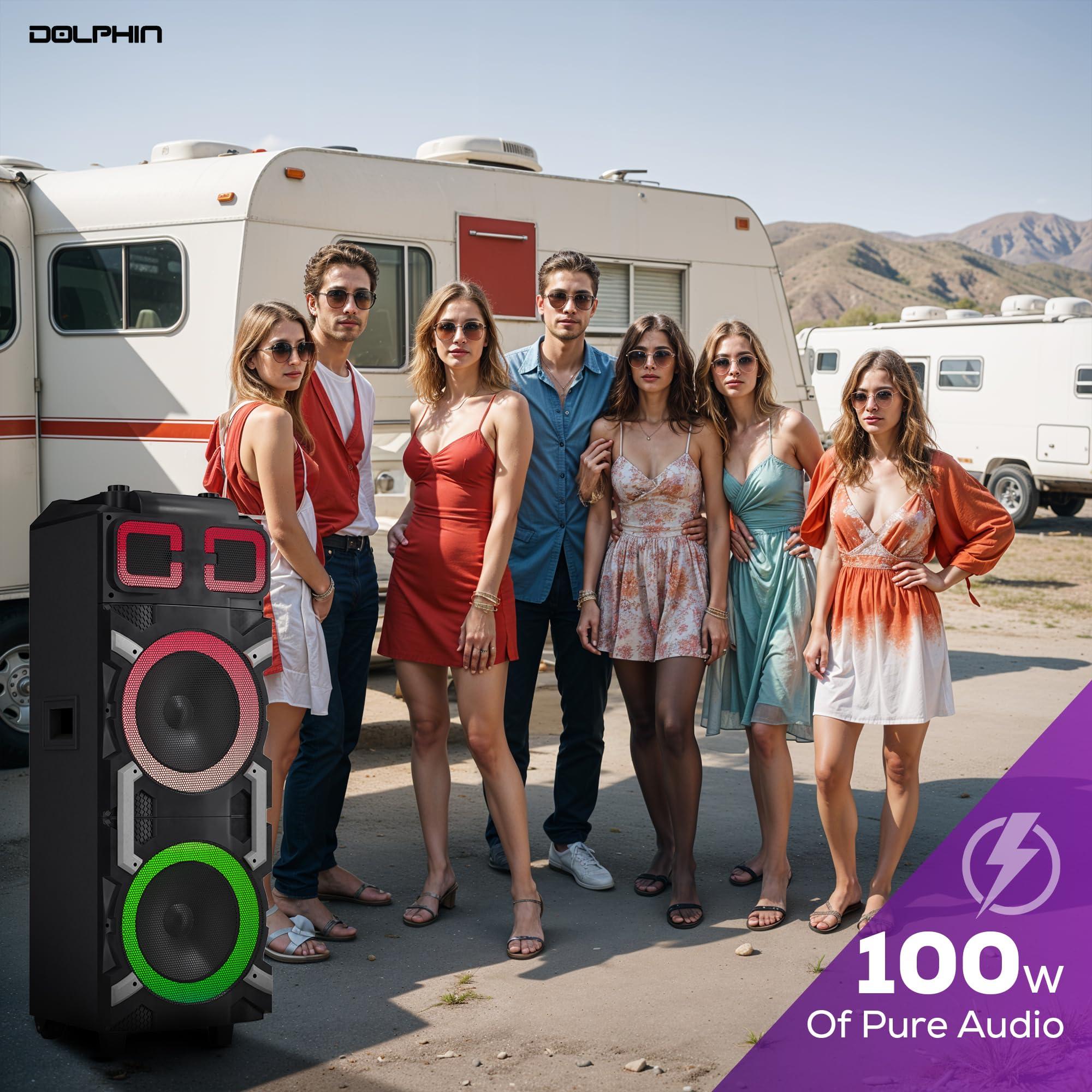 Dolphin Dolphin High-Power Portable Party Bluetooth Speaker Wooden Cabinet, X-BASS, LED Lights, Wireless Microphone Ideal for Parties, Tailgating, and Events