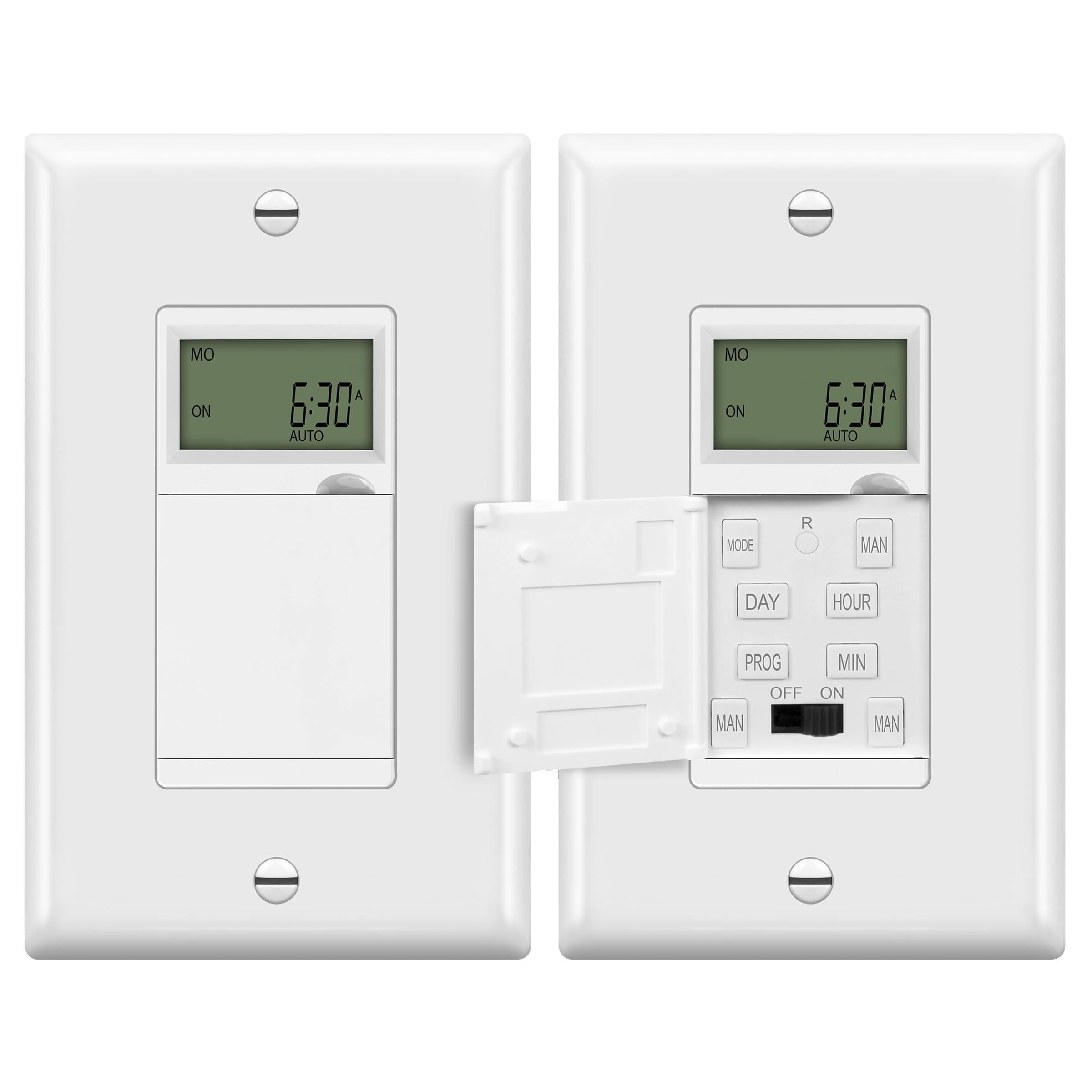 ENERLITES ENERLITES Programmable Digital Timer Switch for Lights, Fans, Motors, 7-Day 18 ON/OFF Timer Settings, Single Pole, Neutral Wire Required, UL Listed, HET01-C, White, 2 Pack