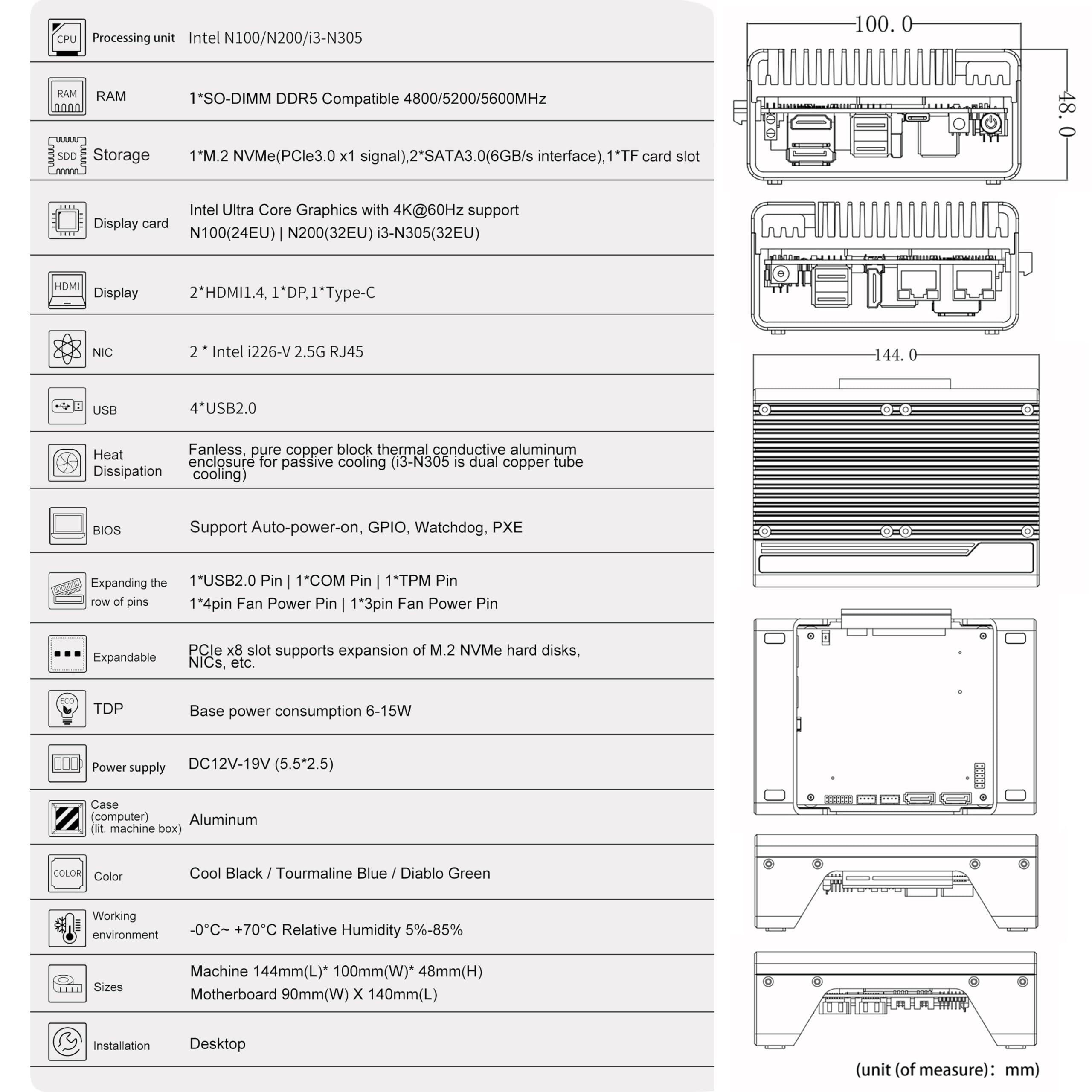 StoneStorm Fanless Mini PC Dual i226-V 2.5GbE Ports, N100 Firewall Micro Computer for DIY/3D Printing/Network Security, DDR5 RAM M.2 NVMe, Expandable PCI-e x8(PCle3.0 x4), Quadruple Display (Black, Barebone)