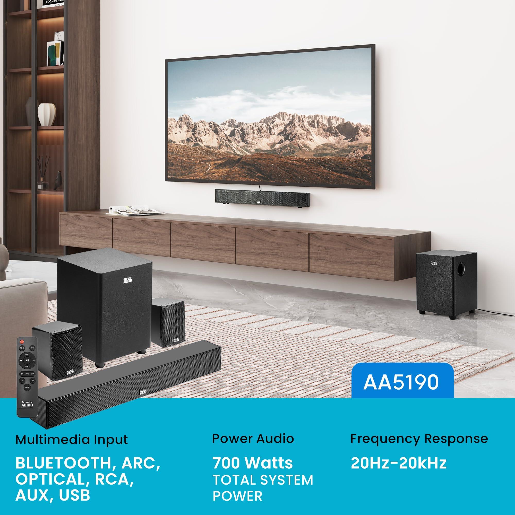 Acoustic Audio by Goldwood Acoustic Audio 5.1 Surround Sound Home Theater Sound Bar with Bluetooth, RCA, Optical, ARC, AUX, Wireless Subwoofer and Remote Control - AA5190 (Black)