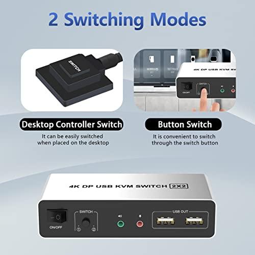 Arkidyn Plus DisplayPort KVM Switch Dual Monitors for 2 Computers 4K@60Hz 2 in 2 Out Displayport KVM Switch with Audio Microphone Output and 3 USB Ports, Keyboard Mouse Displayport Dual Monitor KVM