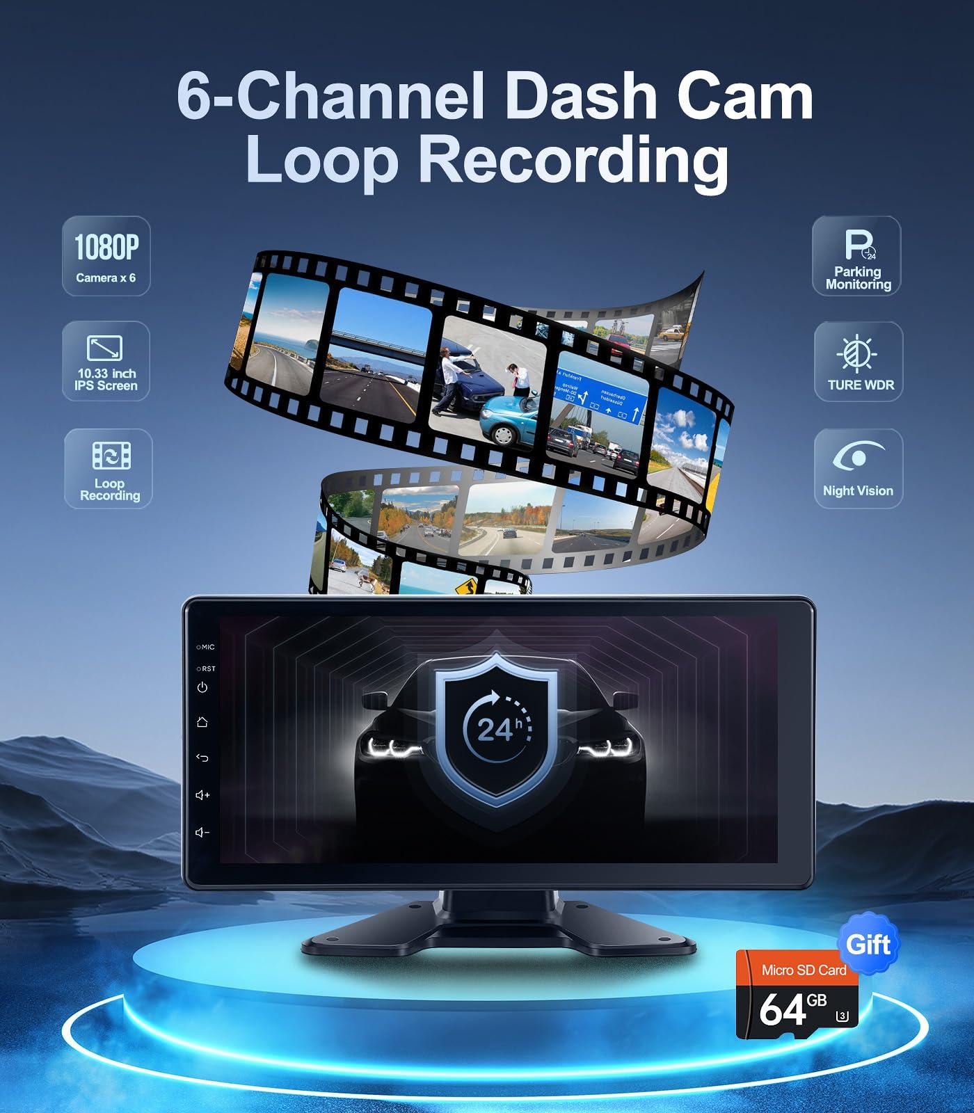 Seventour 6-Channel 1080P Dash Cam Backup Camera System with 10.33 Inch Touch Screen Parking Monitor, Back Up Camera Car Radio for RV/Truck/Trailer/Van/SUV/Cars,Wireless Carplay/Android Auto/WiFi/Bluetooth/FM