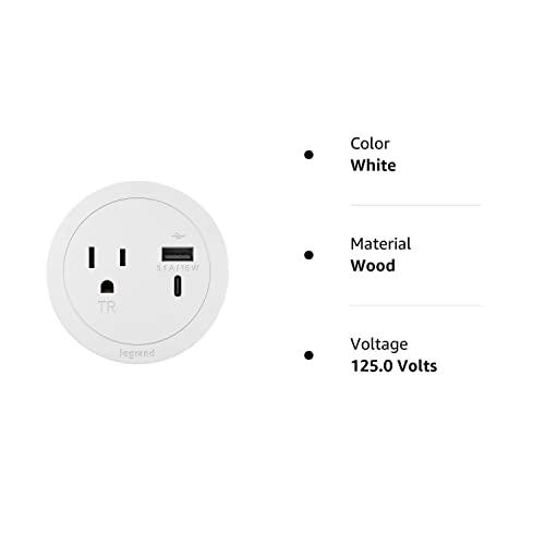 Wiremold Legrand Wiremold RFPCRUAUC-WH10 Round Furniture Power Center with USB, 1 Outlet, Type A/C USB, 10 Foot Cord, White