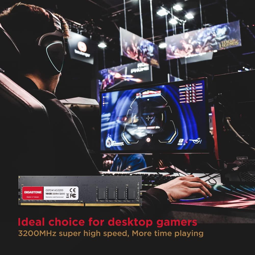 Gigastone DDR4 RAM GIGASTONE 16GB DDR4 3200MHz (2933MHz or 2666MHz) PC4-25600 (PC4-23400, 21300) CL22 1.2V UDIMM 288 Pin Unbuffered Non ECC High Performance PC Desktop Memory Upgrade