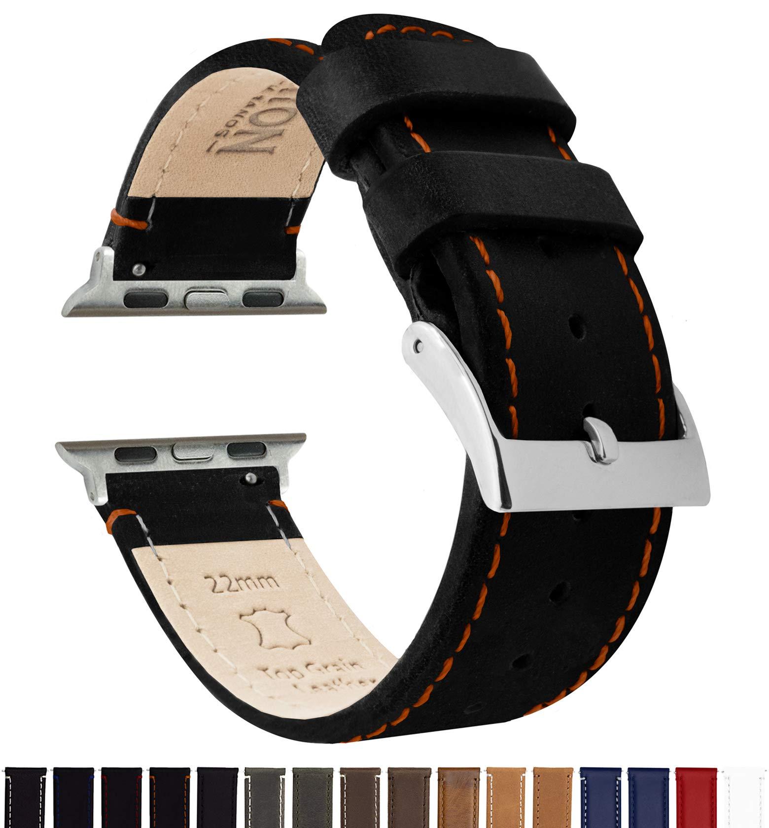 BARTON WATCH BANDS BARTON WATCH BANDS - Black Leather & Orange Stitching Top Grain Leather Watch Bands Compatible with Apple Watch Models - 1, 2, 3, 4, 5, 6, 7, 8, 9, 10, SE, Ultra & Ultra 2 - (42mm/44mm/45mm/49mm)