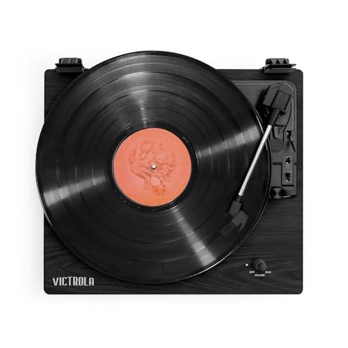 Victrola Victrola Montauk Vinyl Record Player, Black Wood Finish, 3-Speed Belt Driven Turntable with Stereo Bluetooth Speaker Pair, RCA Output and 3.5mm Headphone Jack, Removable Dust Cover
