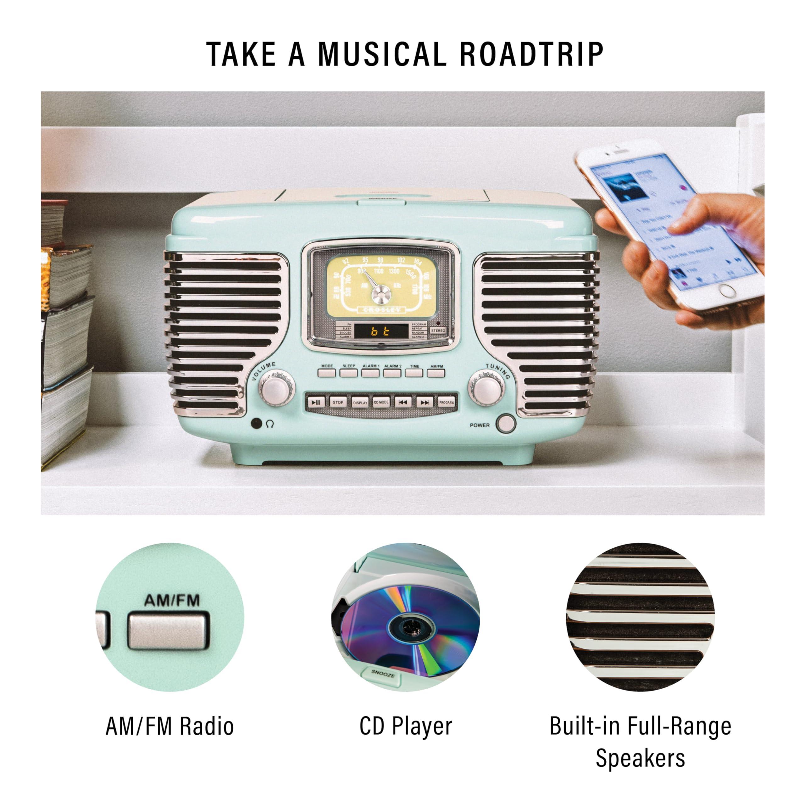 Crosley Crosley CR612B-AB Corsair Tabletop AM/FM Bluetooth Radio with CD Player and Dual Alarm Clock, Aqua Blue