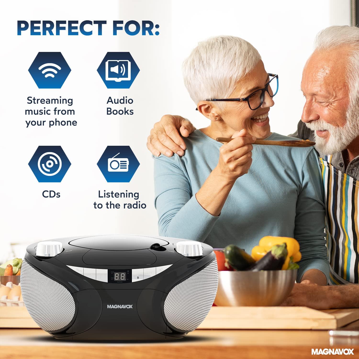 Magnavox Magnavox MD6949 Portable Top Loading CD Boombox with AM/FM Stereo Radio and Bluetooth Wireless Technology in Black | CD-R/CD-RW Compatible | LED Display | (Black)