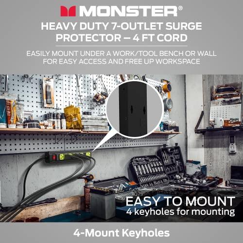 Monster Monster Workshop Heavy-Duty Garage Power Strip Surge Protector - Mountable Heavy-Duty Wide-Spaced 7 Grounded AC Outlets with 4ft Angled Flat Plug - 1200 Joules - ETL Listed