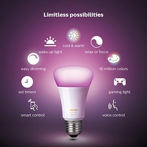 Philips Hue Philips Hue White and Color Ambiance A19 60W Equivalent LED Smart Bulb Starter Kit (4 A19 Bulbs and 1 Hub Compatible with Amazon Alexa Apple HomeKit and Google Assistant)
