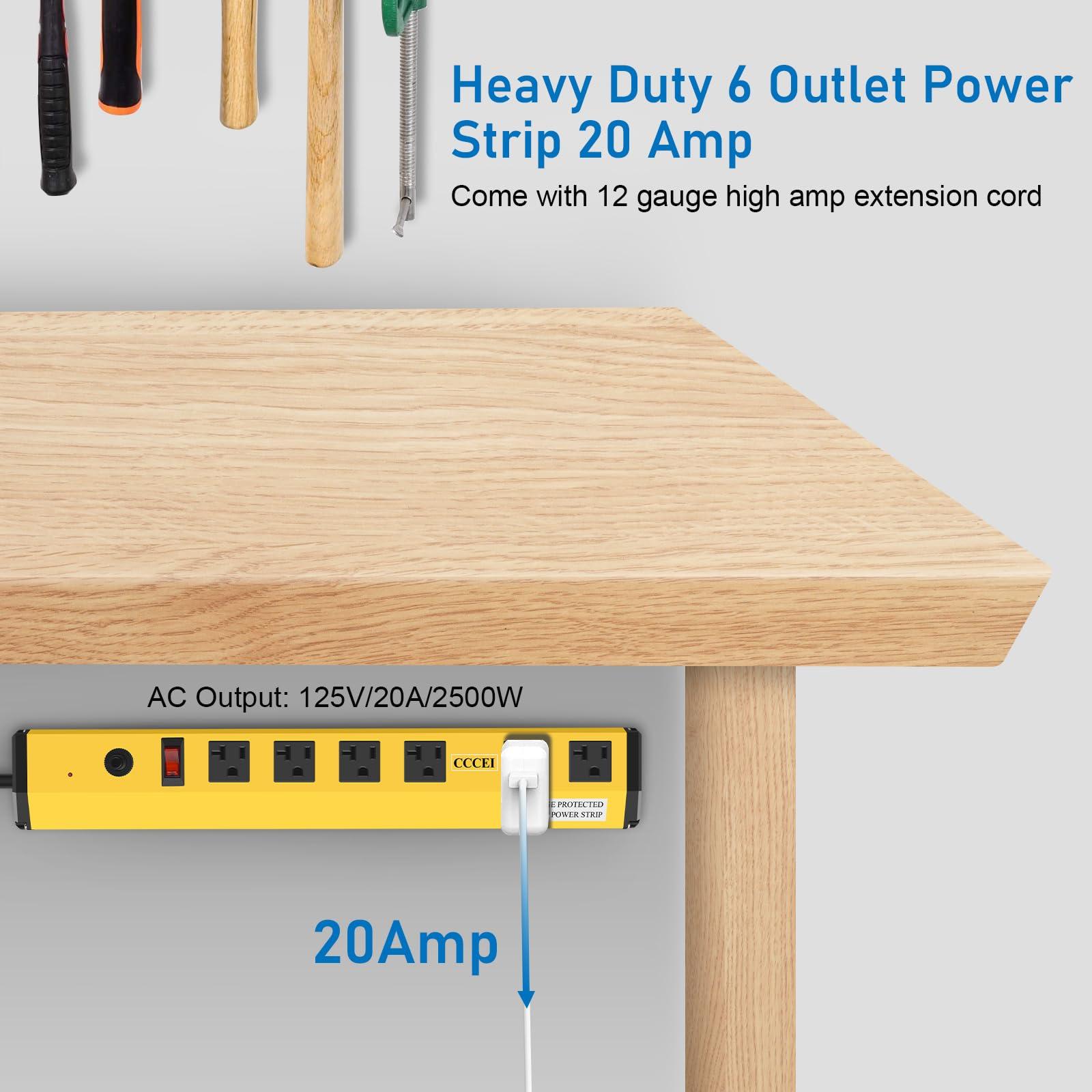 CCCEI CCCEI Heavy Duty Power Strip Surge Protector 20 Amp, High Amp Industrial Shop Garage Metal Multiple Outlets, 4 FT 12 Gauge 5-15P Extension Cord 6 Outlet 6-20R T-Slot 20a for Appliance, Yellow.