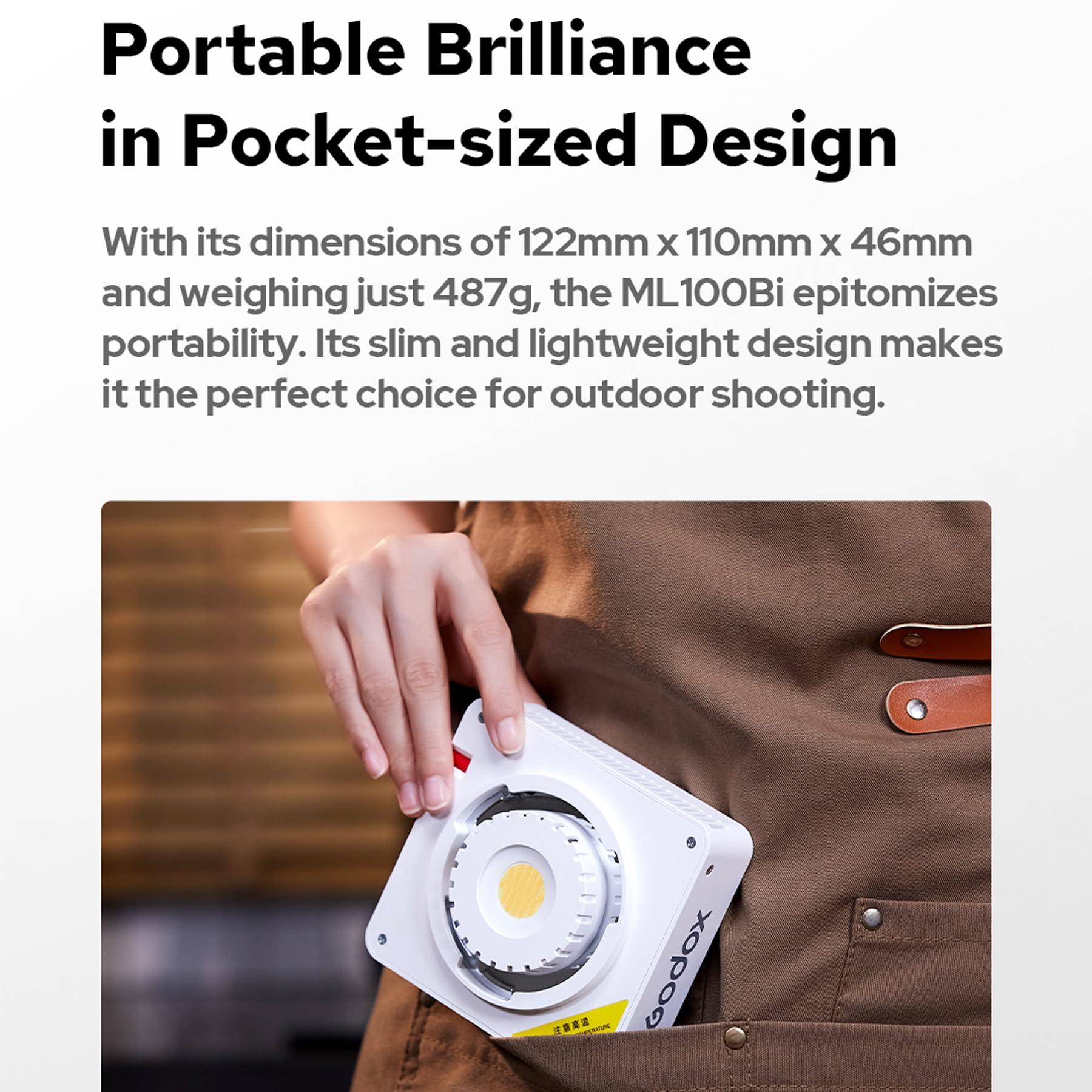 GODOX Godox ML100Bi 120W Portable LED Video Light, Bi-Color 2800-6500K, CRI97 TLCI98, 11 FX Light Effects, Bluetooth App Control for Live Streaming, Interview, Still Life Photography, etc