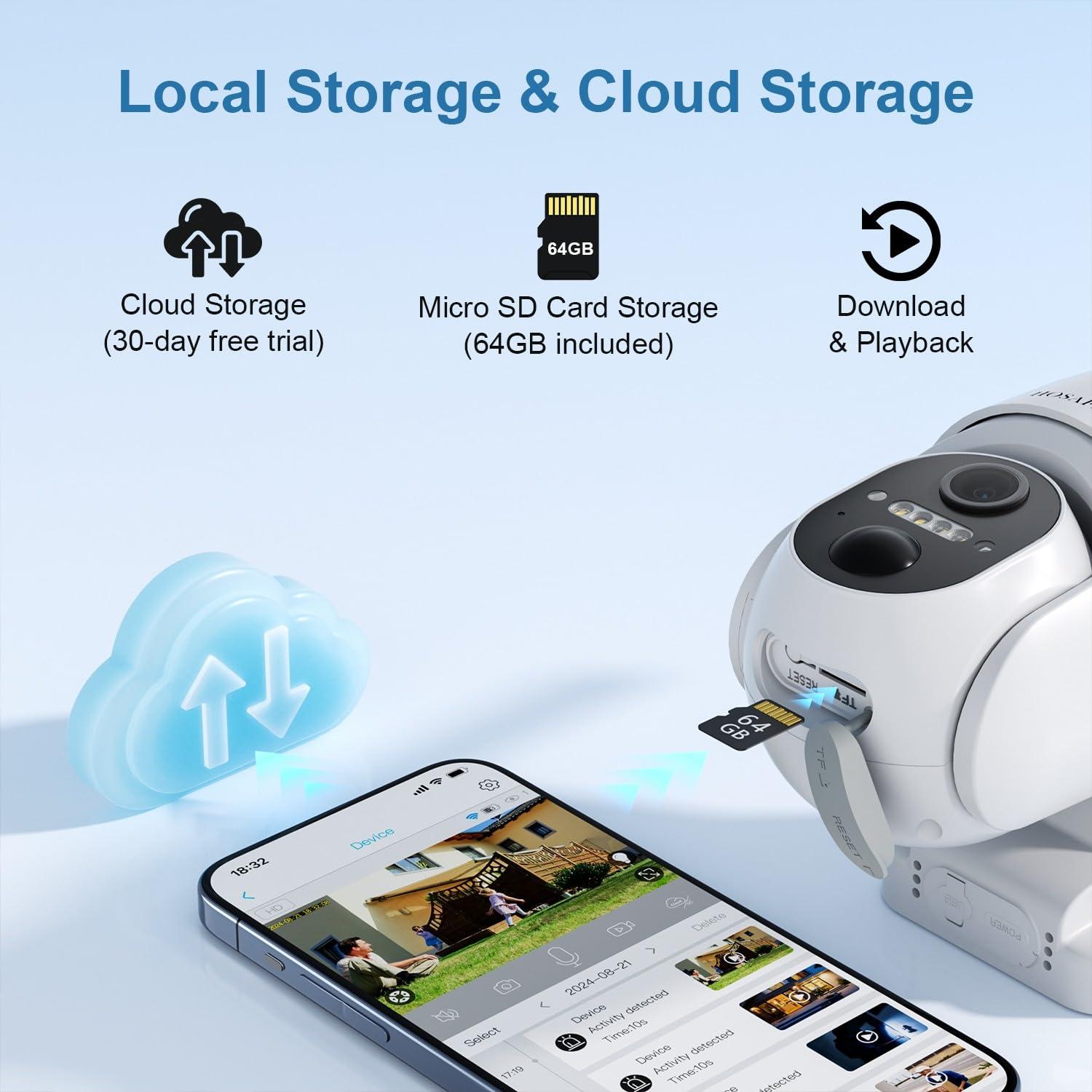 HOSAFE.COM Security Cameras Wireless Outdoor, WIFI Cameras for Home Security, Wireless Outdoor Security Camera Solar Powered, 360 Camera with PTZ, PIR Sensor, 2K HD Color Night Vision, SD/Cloud, IP66 Waterproof