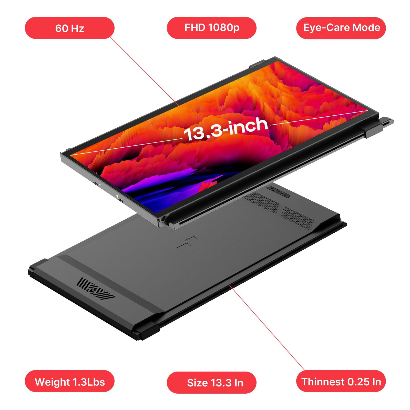 MP Portable Monitor - Mobile Pixels Duex Plus DS 13.3" FHD 1080P Laptop Monitor Extender, USBA/Type-C/HDMI Plug and Play Laptop Screen for 13"-14.5" Laptops, Windows/macOS/Android/Switch Compatible