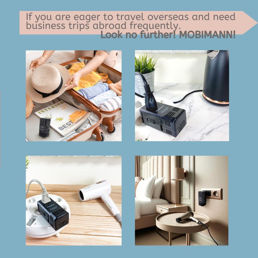 Mobimann Dual Wattage International Travel Voltage Converter Step Down 220V to 110V Voltage Power Converter for Curling Irons, Steam Iron Hair Dryer from US to Europe Australia UK Malta over 150 Countries