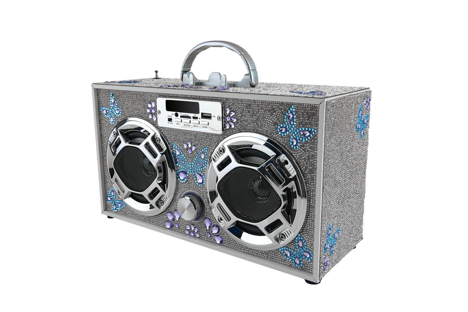 Wireless Express Wireless Express - Portable Party Speaker: Retro Boombox with Bluetooth, LED Light Show, Enhanced FM Radio, Rechargeable Battery (Butterfly Silver Bling)