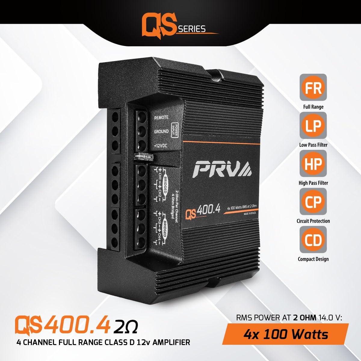 PRV AUDIO PRV Audio QS400.4 2 Ohm Mini Compact 4 Channel Car Audio Amplifier 4 x 100 Watts RMS at 2 Ohm - 400 Watt Amp Stereo 12 Volts Amp Class D Full Range Bridgeable
