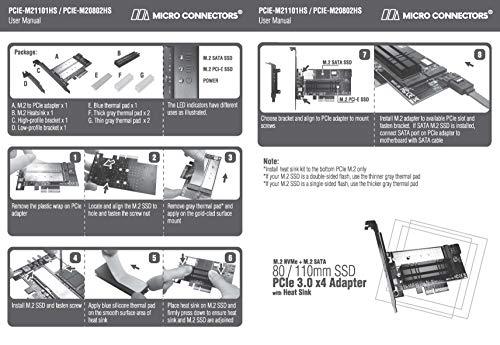 MICRO CONNECTORS MICRO CONNECTORS M.2 NVMe + M.2 SATA 80mm SSD PCIe x4 Adapter with Heat Sink (PCIE-M20802HS)