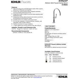 Kohler Kohler K-99263-VS Artifacts Single-Hole Kitchen Sink Faucet with 14-11/16-Inch Swing Spout and Arc Spout Design, Vibrant Stainless