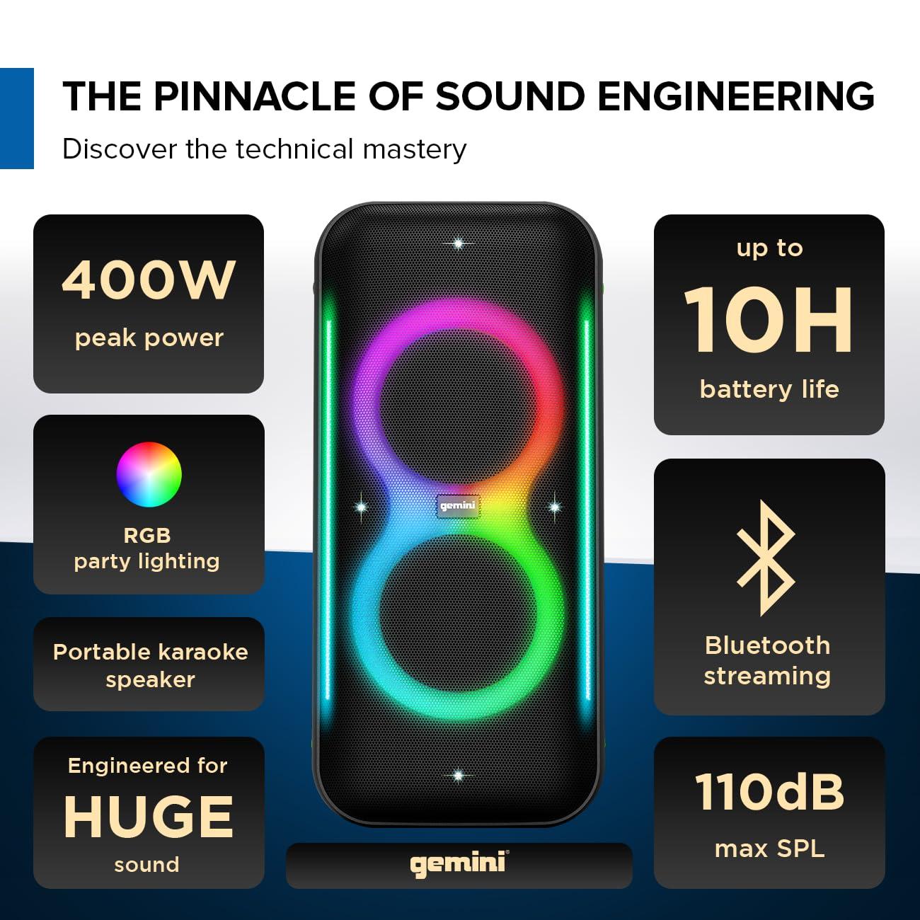 Gemini Sound Gemini UltraRave Duo 400W Bluetooth Party Speaker with Dual 6.5" Woofers, LED Lights, Wireless Mic, and Stereo Pairing for Indoor & Outdoor Events (GRV-2650L)