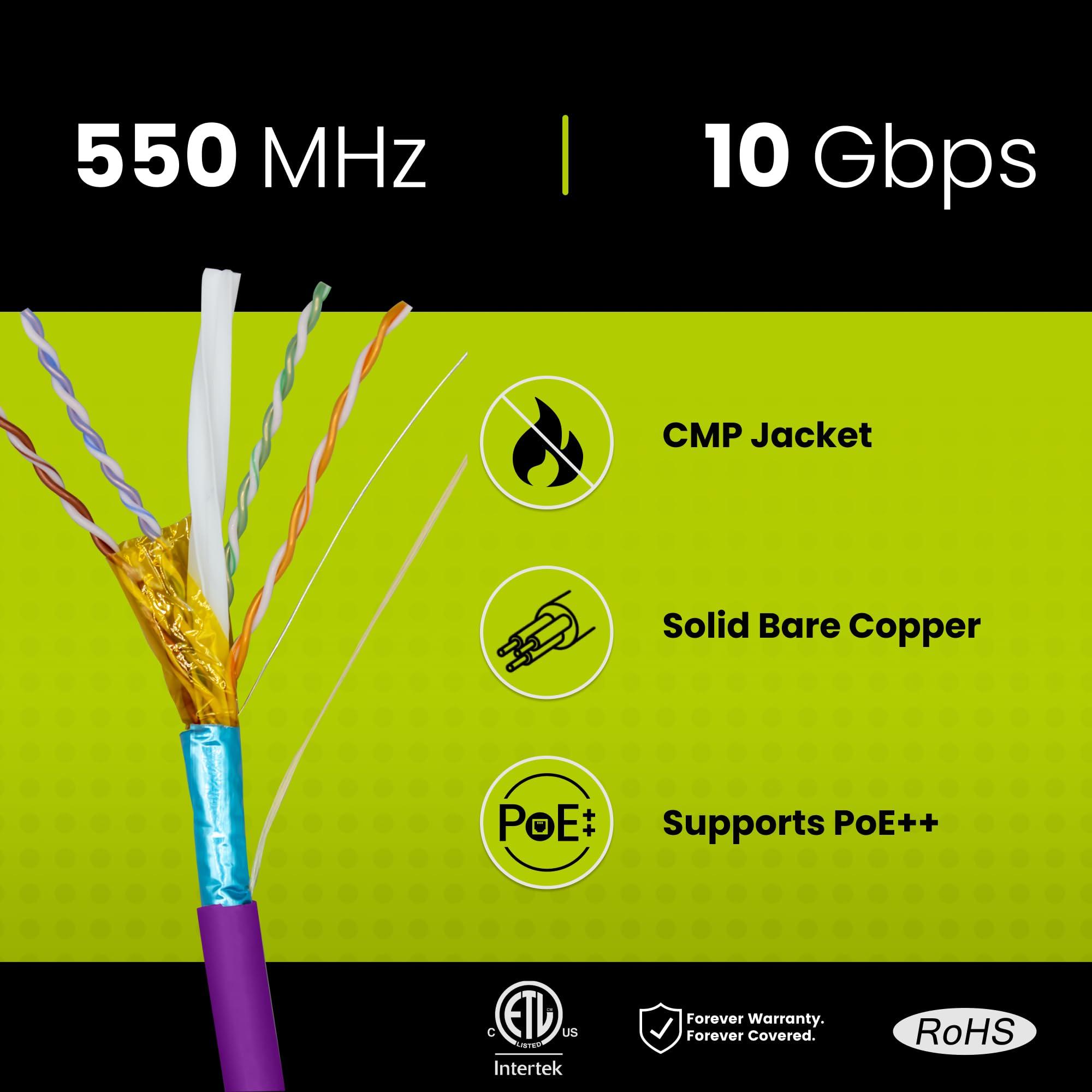 TRUE CABLE trueCABLE Cat6 Plenum Shielded (CMP), 1000ft, Purple, 23AWG Solid Bare Copper, 550MHz, PoE++ (4PPoE), ETL Listed, Overall Aluminum Foil Shield (F/UTP), Bulk Ethernet Cable