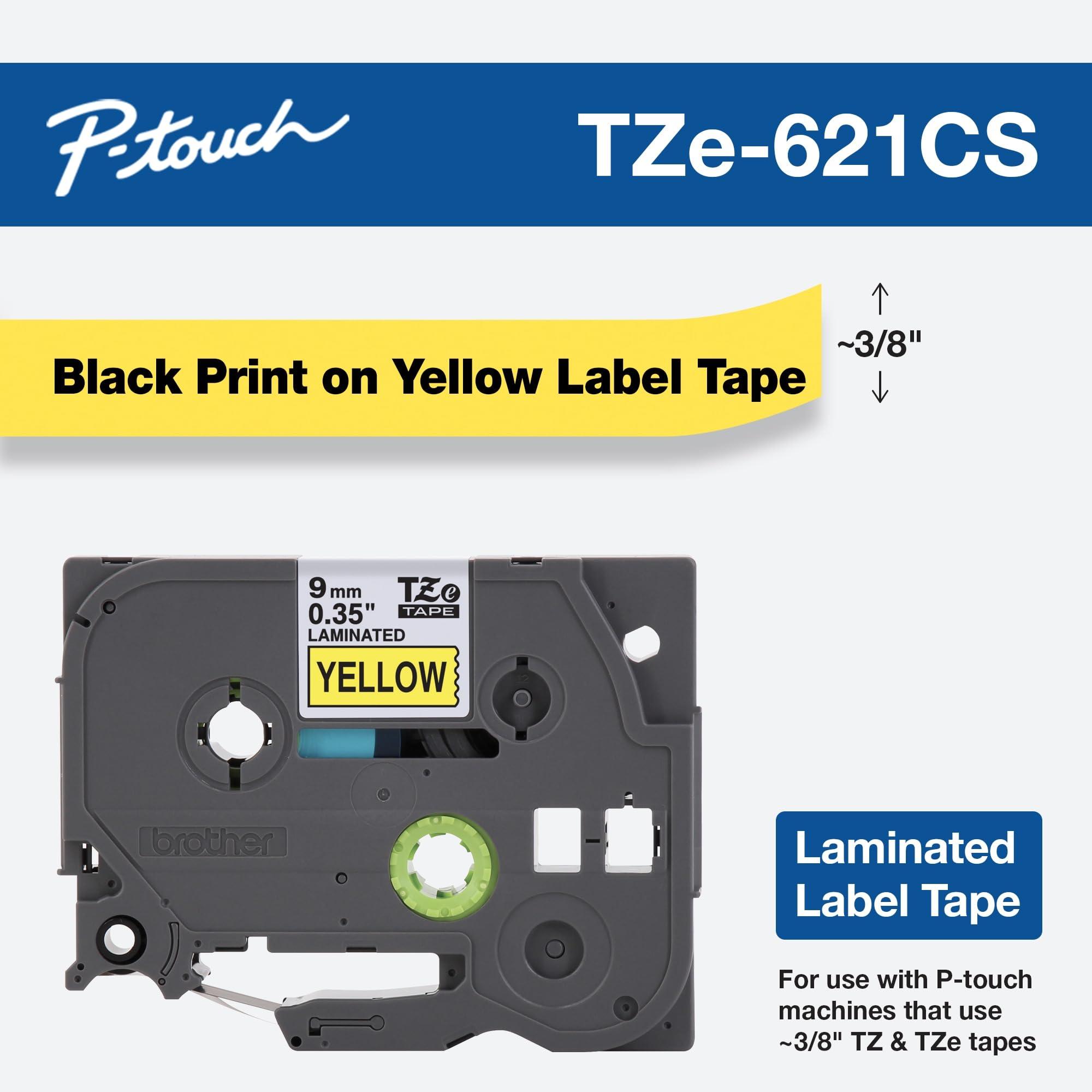 Brother Brother Genuine P-touch, TZe-621CS, 0.35 x 26.2, Black on Yellow Laminated Label Tape