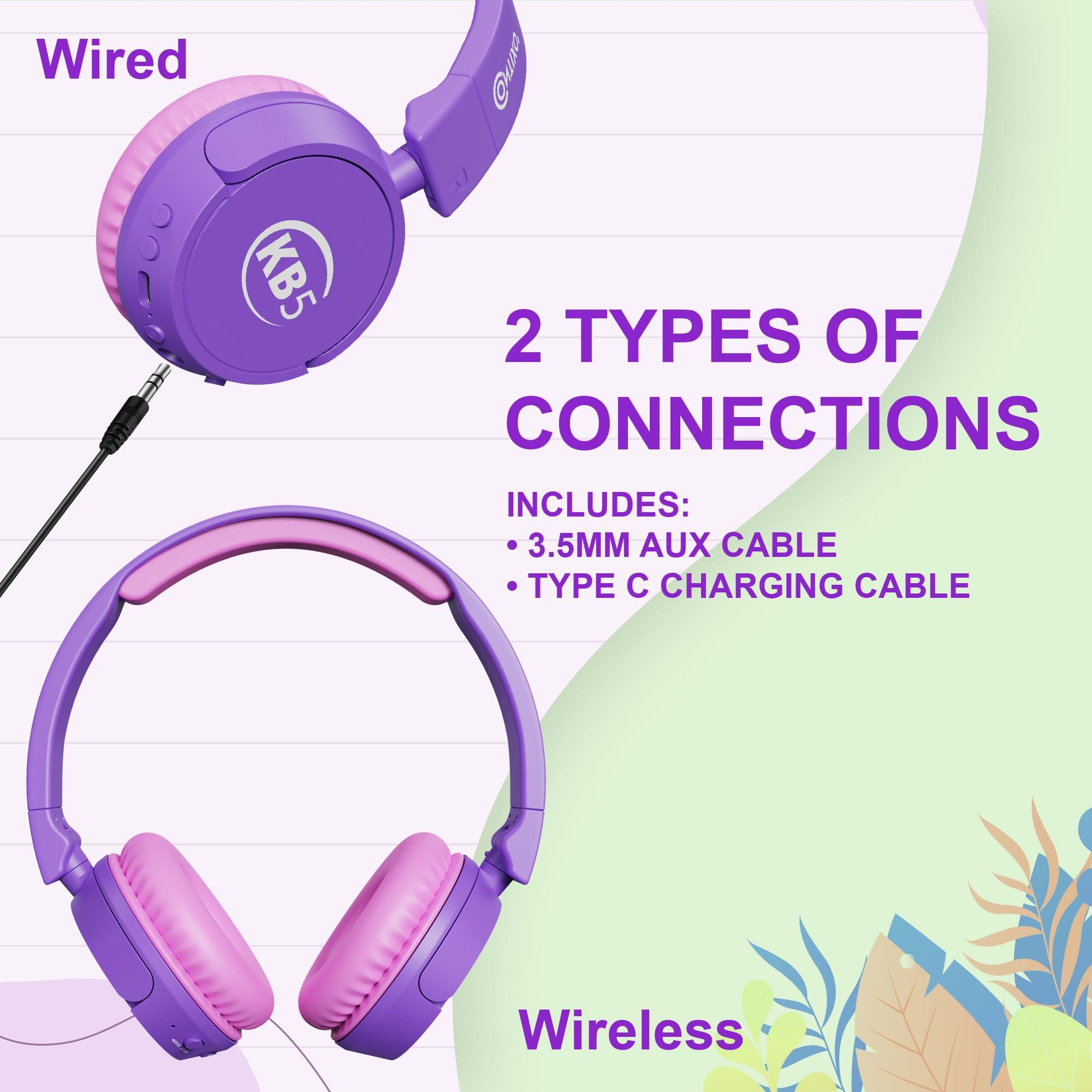 Contixo Contixo KB5 Kids Bluetooth Headphones - Wireless Over-Ear Foldable Headphones with Volume Limiter (85dB), Built-in Microphone, Adjustable & Comfortable Design for Boys & Girls - Purple + White