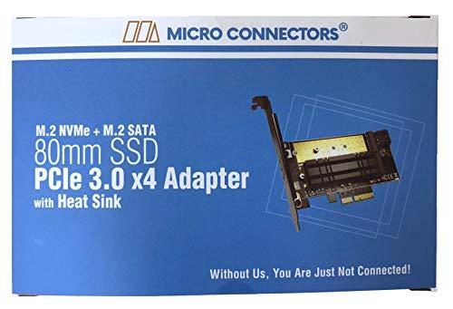 MICRO CONNECTORS MICRO CONNECTORS M.2 NVMe + M.2 SATA 80mm SSD PCIe x4 Adapter with Heat Sink (PCIE-M20802HS)