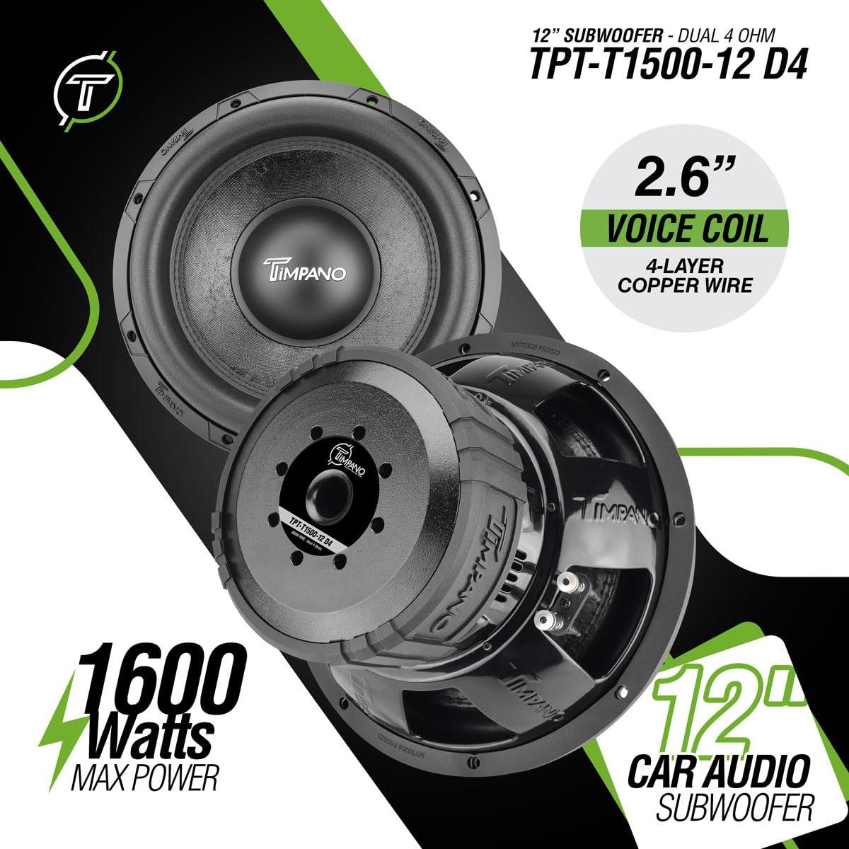 Timpano TIMPANO 12 Inch Subwoofer D4 1600 Watts Max Power Dual 4 Ohm, Subwoofer Car Audio 12 Inch 16 mm Xmax, TPT-T1500-12 D4, 2.6 In Voice Coil Double Stacked Magnet Sub woofer for Car Audio Systems (Single)