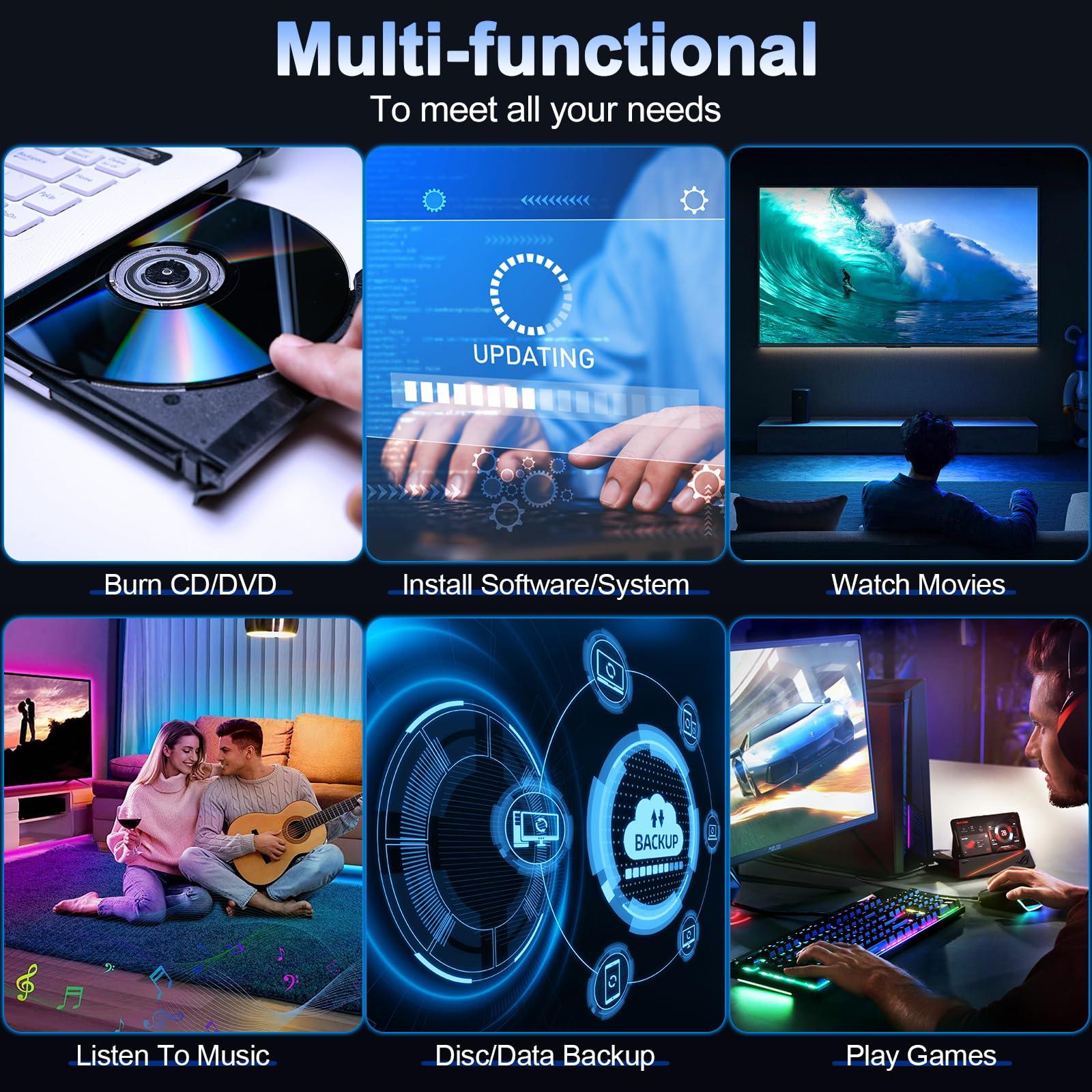 Beizkna External CD DVD Drive for Laptop USB 3.0 & Type-C Portable CD DVD Player for CD ROM +/-RW Burner Reader Writer Optical Disc Drive for Laptop Desktop PC Windows 11/10 Linux Mac OS Apple MacBook Pro