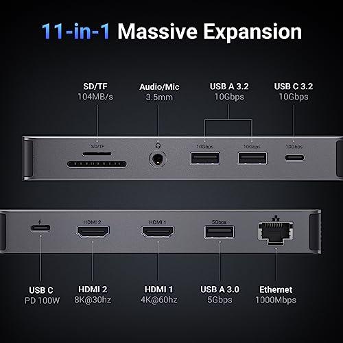 UGREEN UGREEN Revodok Pro 211 Laptop Docking Station 11 in 1 USB C Dock Dual HDMI 4K@60Hz Single 8K@30Hz 10Gbps Data Port 100W PD Gigabit Ethernet, SD/TF Card Reader Compatible for Thinkpad, Zenbook and more