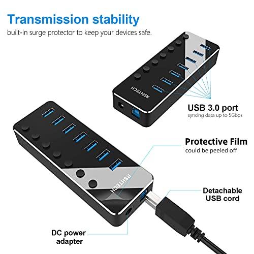 RSHTECH USB 3.0 Hub, RSHTECH 7 Port Powered USB Hub Expander Aluminum USB 3.0 Data Port hub with Universal 5V AC Adapter and Individual On/Off Switches USB Splitter for Laptop and PC(Black)