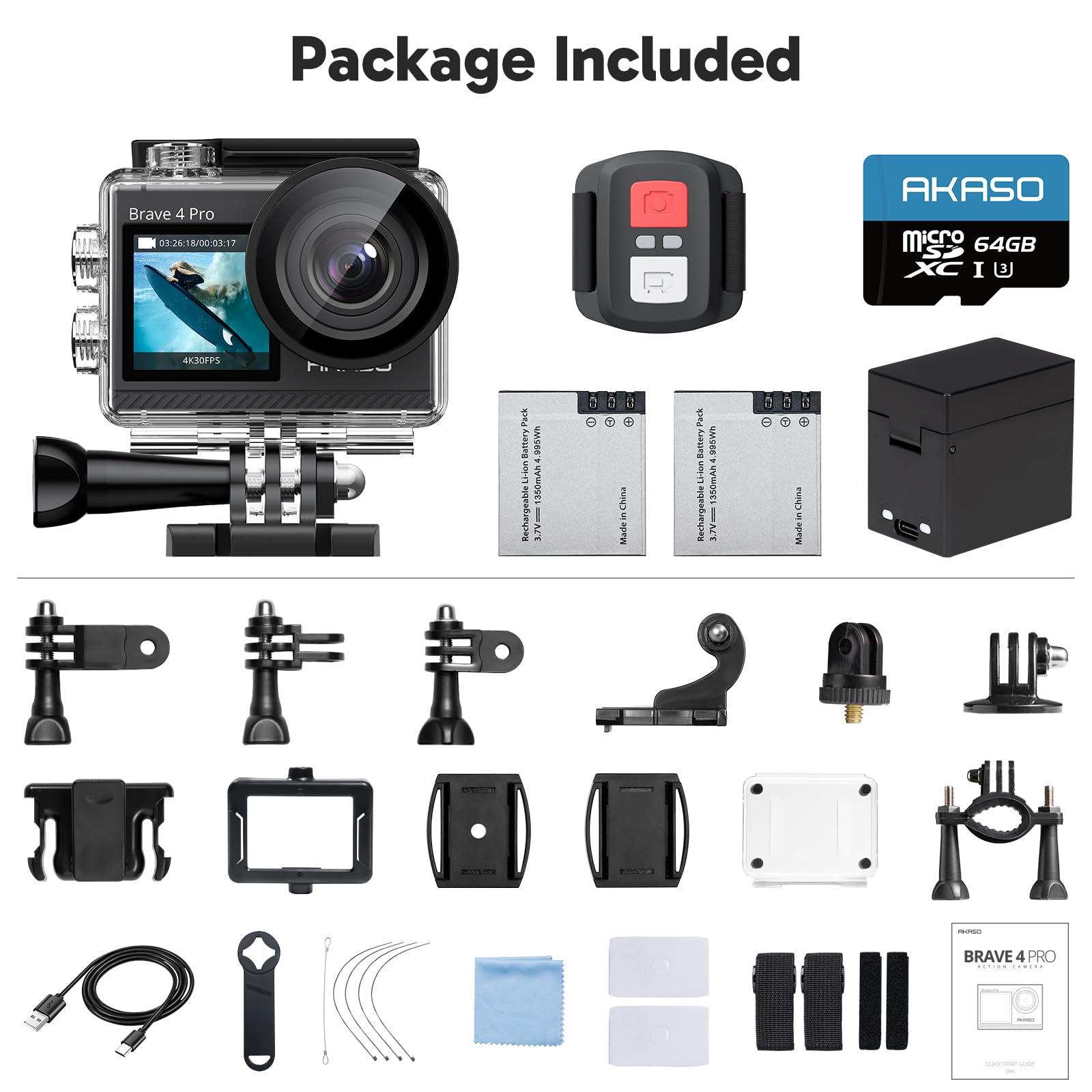 AKASO AKASO Brave 4 Pro 4K30 Action Camera with 64GB MicroSD U3 Card, 131FT Underwater Waterproof Camera EIS Touch Screen Remote Control with 2x1350mAh Batteries and Helmet Accessories Kit Bundle