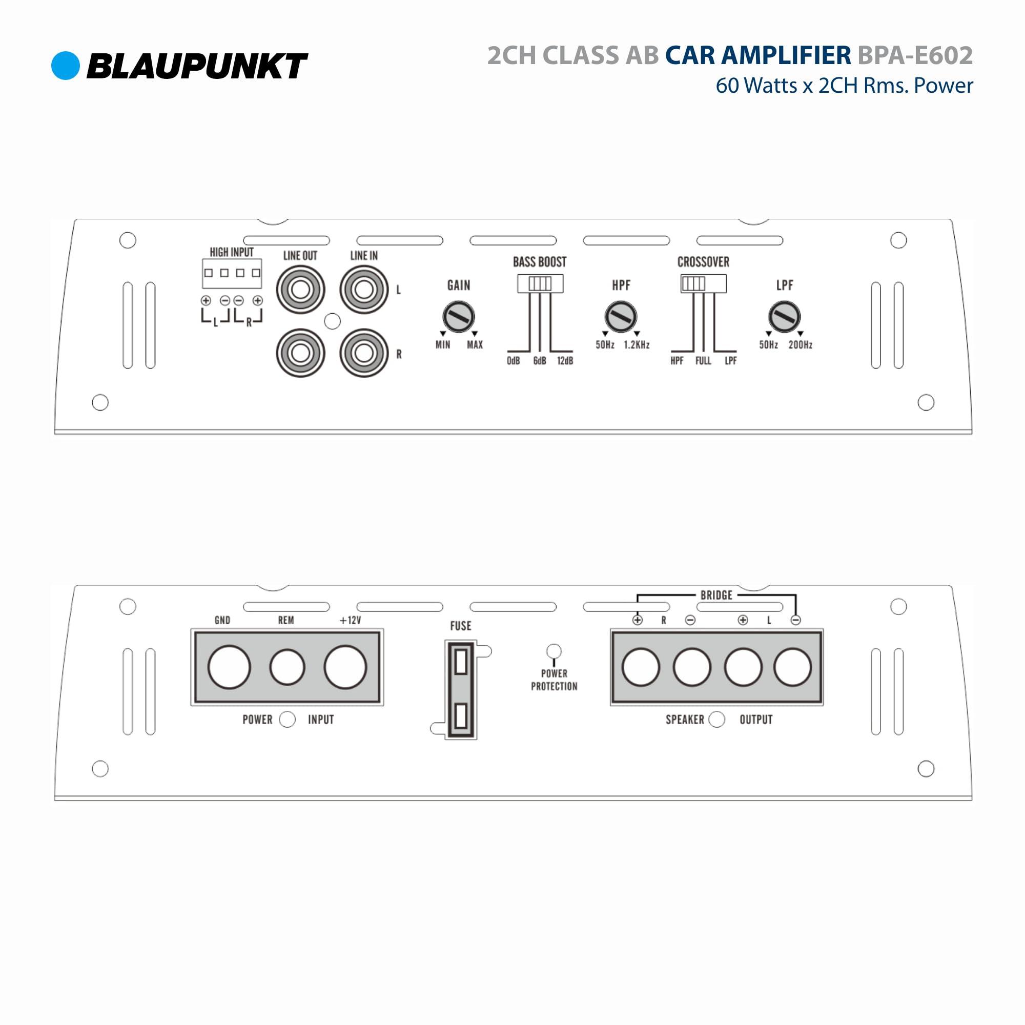 BLAUPUNKT BLAUPUNKT BPA-E602 2-Channel Class AB Car Amplifier - 800W Max Power, 180W RMS Bridged - Compact Design for Crystal-Clear Audio