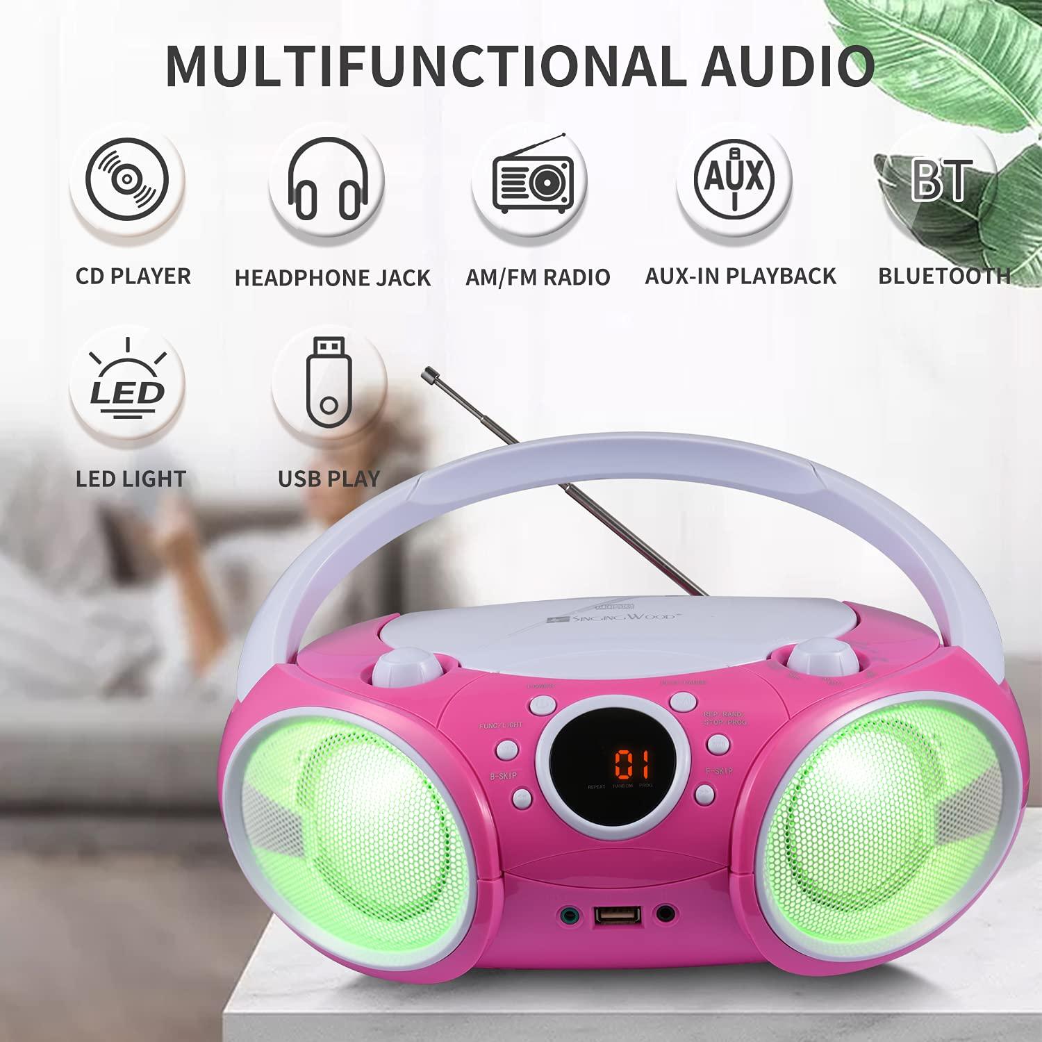 SINGING WOOD SINGING WOOD 030BTL, CD Player Boombox CD/CD-R/CD-RW, Portable w/Bluetooth, USB, AM/FM Radio, AUX-Input, Headset Jack, Foldable Carrying Handle and LED Light (Kitty Pink)