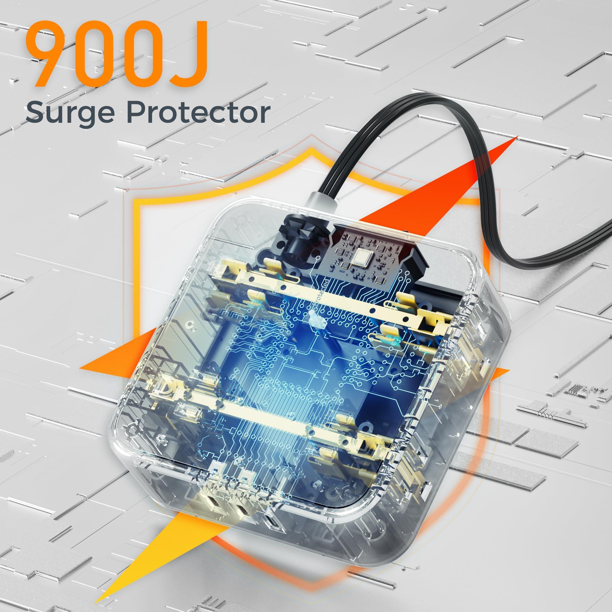 TESSAN Long Extension Cord 25 FT, TESSAN Ultra Thin Flat Plug Power Strip Surge Protector with 8 AC Outlets, 3 USB Charger(1 USB C), 900J Protection Black Charging Station for Home, Office, Dorm Essentials