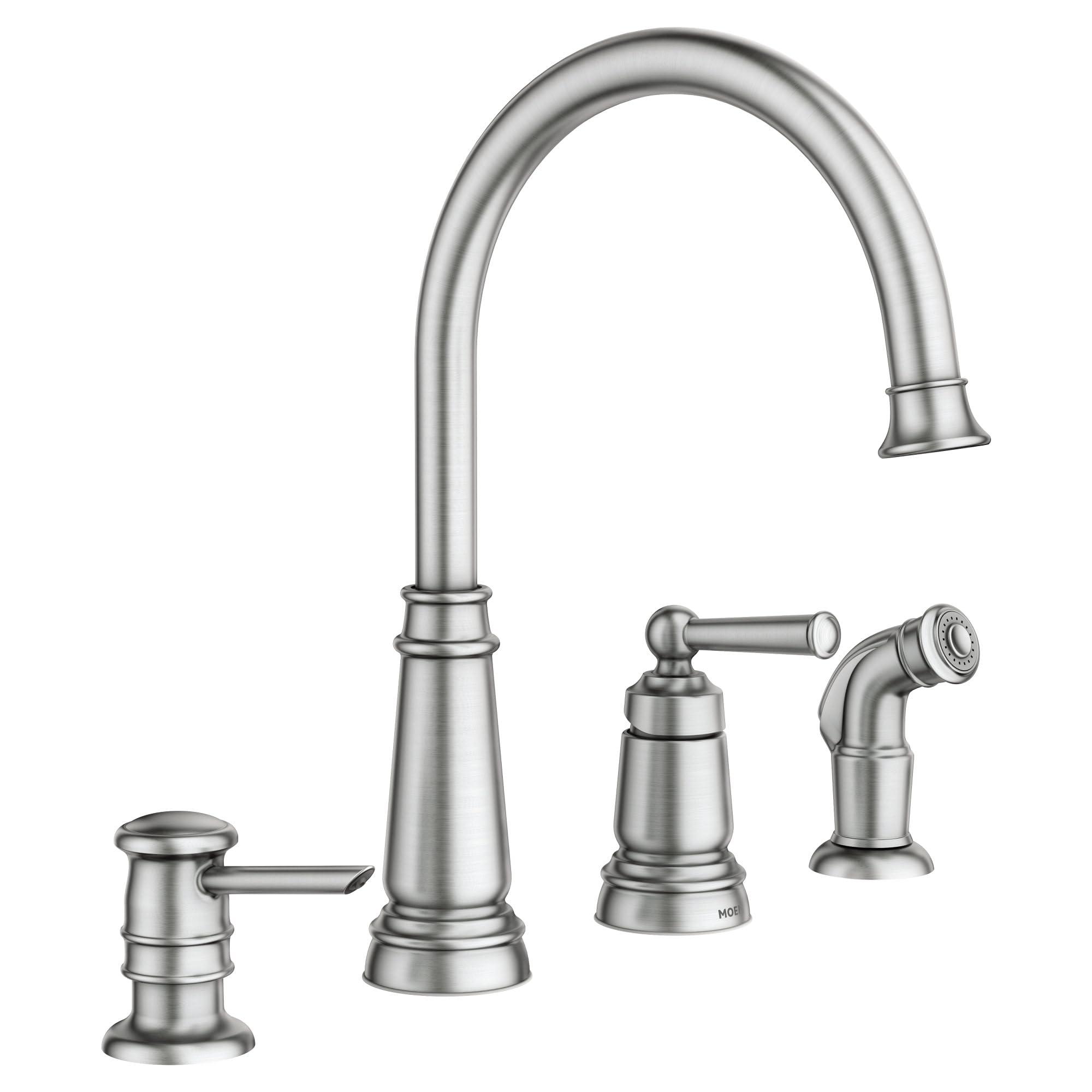 Moen Moen Spot Resist Stainless One-Handle High Arc 4-hole Kitchen Faucet with Side Sprayer and Soap Dispenser, 87042SRS