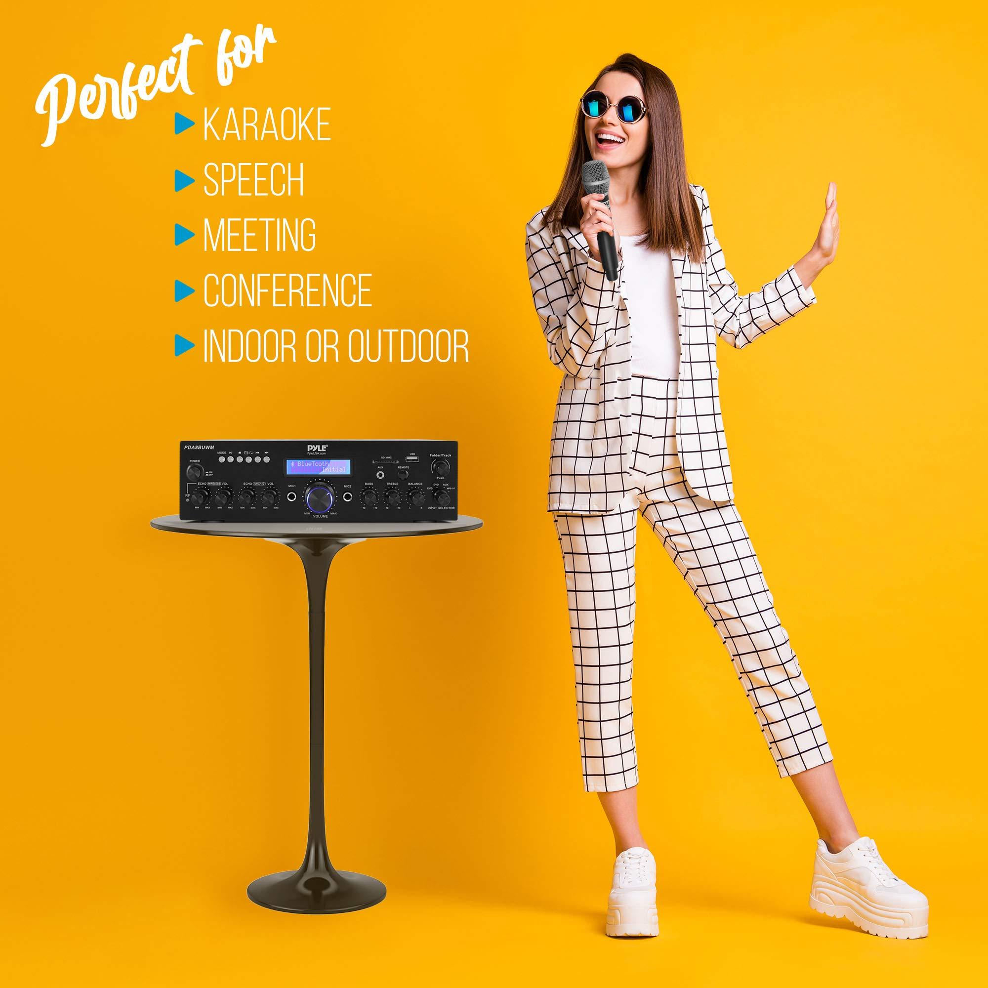 Pyle Pyle Wireless Microphone Bluetooth Amplifier-200W Peak Power Dual Channel Stereo Audio Receiver w/USB,AUX in, Dual Mic Inputs w/Echo Control,RCA Input, For Karaoke,Home Theater,Music Studio- PDA8BUWM