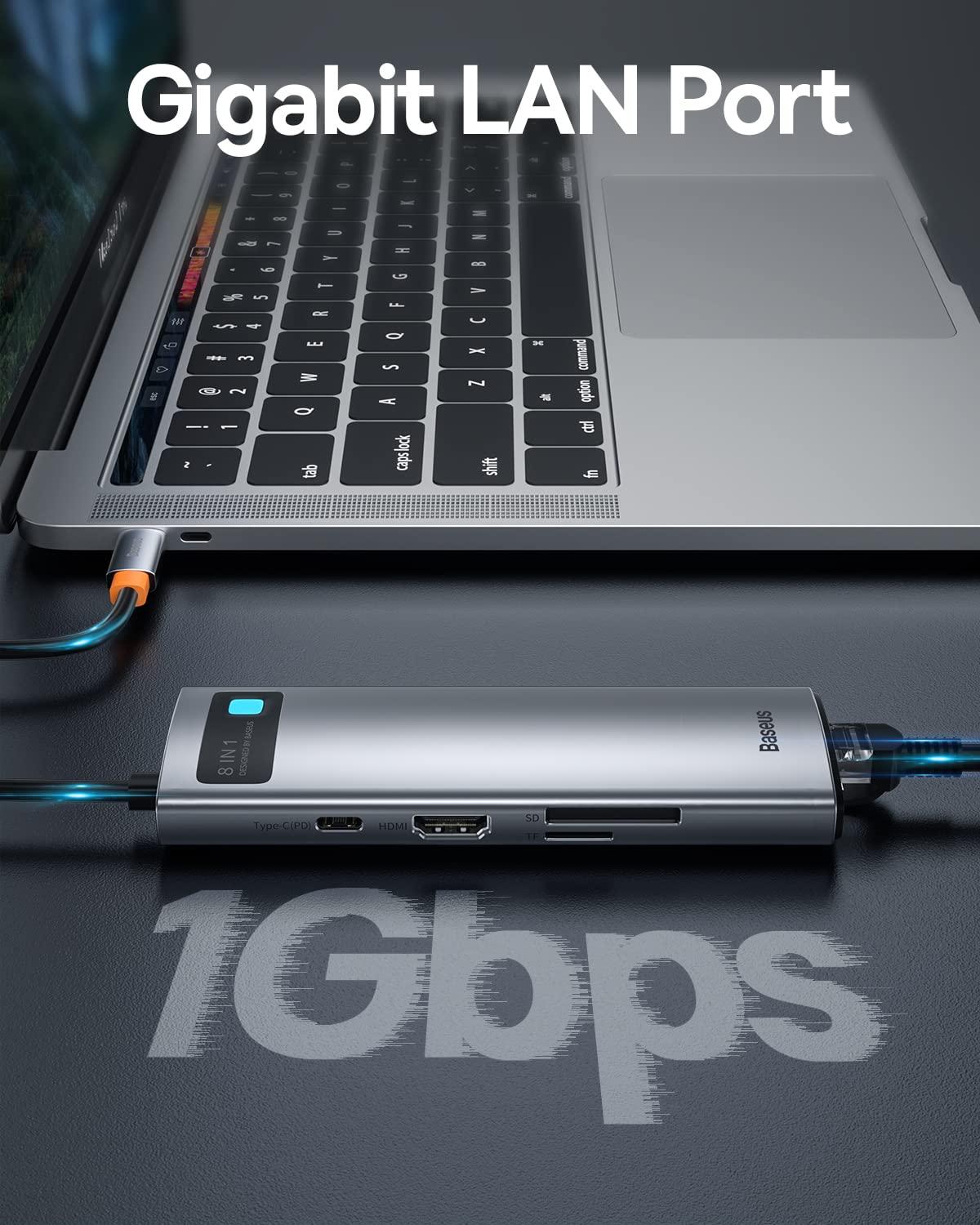 Baseus Baseus 8-in-1 USB C Hub Docking Station, USB C Adapter with 4K HDMI, 3 USB 3.0, TF/SD Reader, Ethernet, 100W Power Delivery Compatible with MacBook, Surface, iPad, Steam Deck or Other Type C Devices