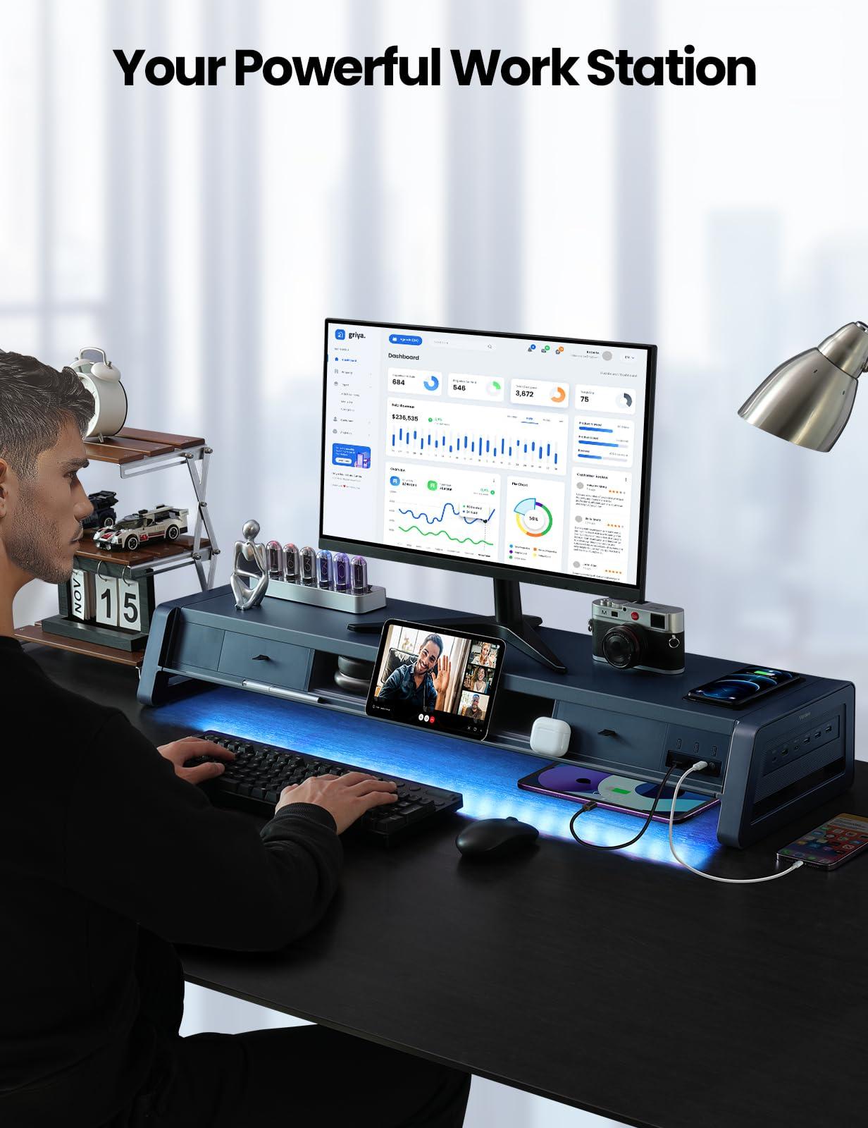 Vaydeer Vaydeer All-in-One Dual Monitor Stand Riser with 2 Drawers, 8USB Ports and Wireless Charging Pad with LED Light Strip for 2 Monitors , Desk Organizer for PC, iMac (Metal, 39.3 inches)