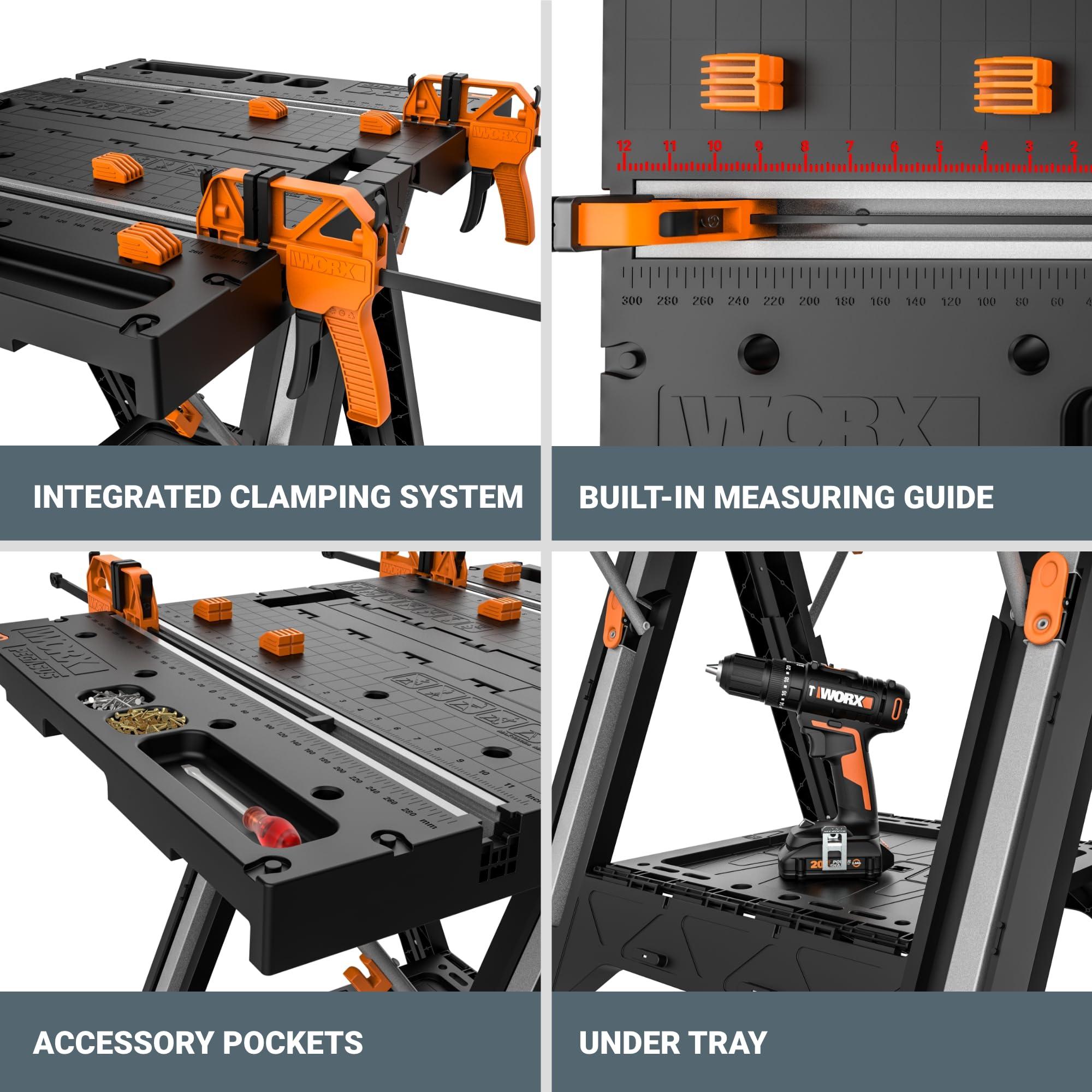 WORX Worx Pegasus 2-in-1 Folding Work Table & Sawhorse, Easy Setup Portable Workbench, 31\" W x 25\" D x 32\" H Lightweight Worktable with Heavy-Duty Load Capacity, WX051 - Includes 2 Clamps & 4 Clamp Dogs