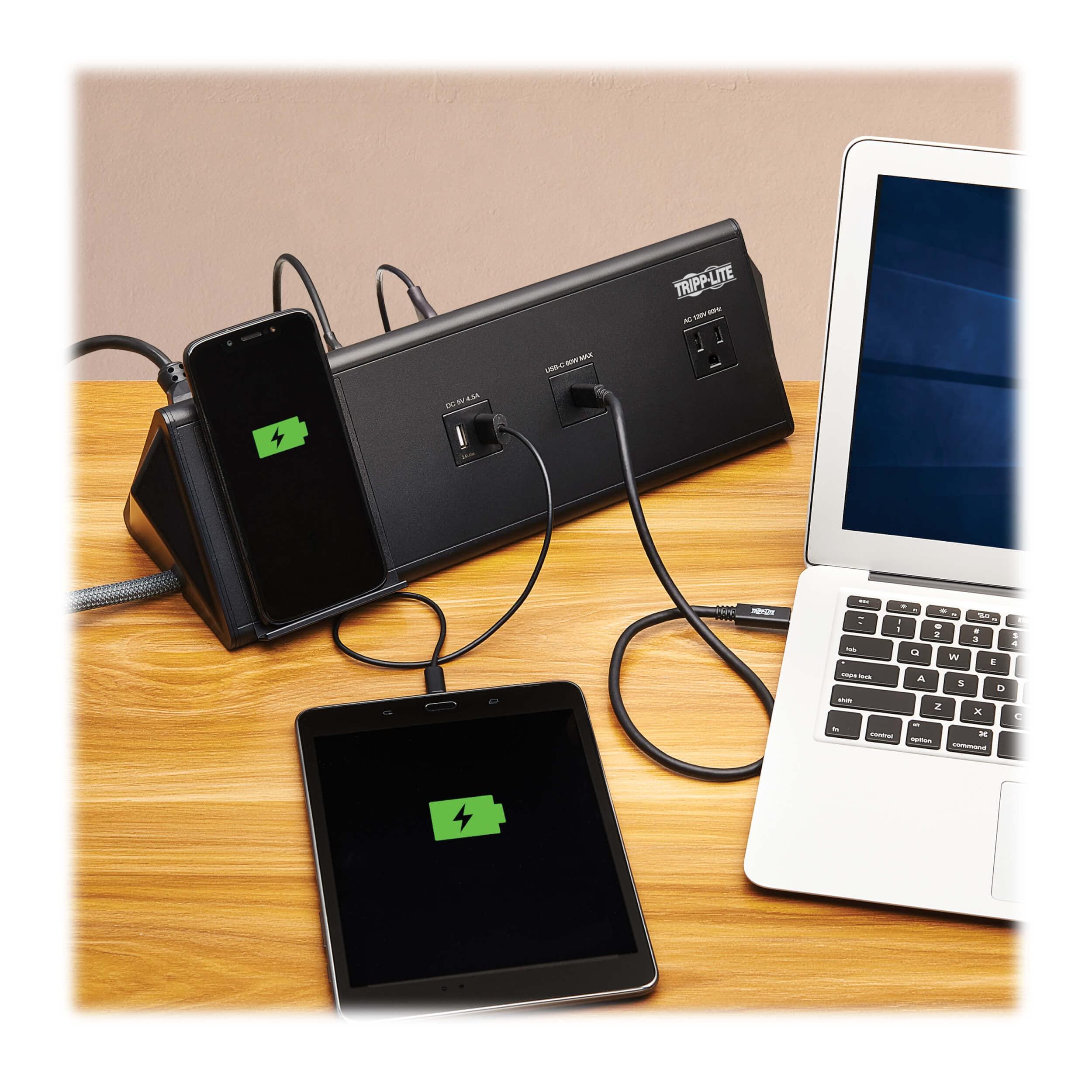 Tripp Lite Tripp Lite Safe-IT 6-Port USB Charging Station & 2 Wireless Charging Areas & 2 Standard Outlets, 2 USB-C 60W & 4 USB-A, 1000 Joules, 10 ft Power Cord, 50,000 Insurance & (TLM210CAM)