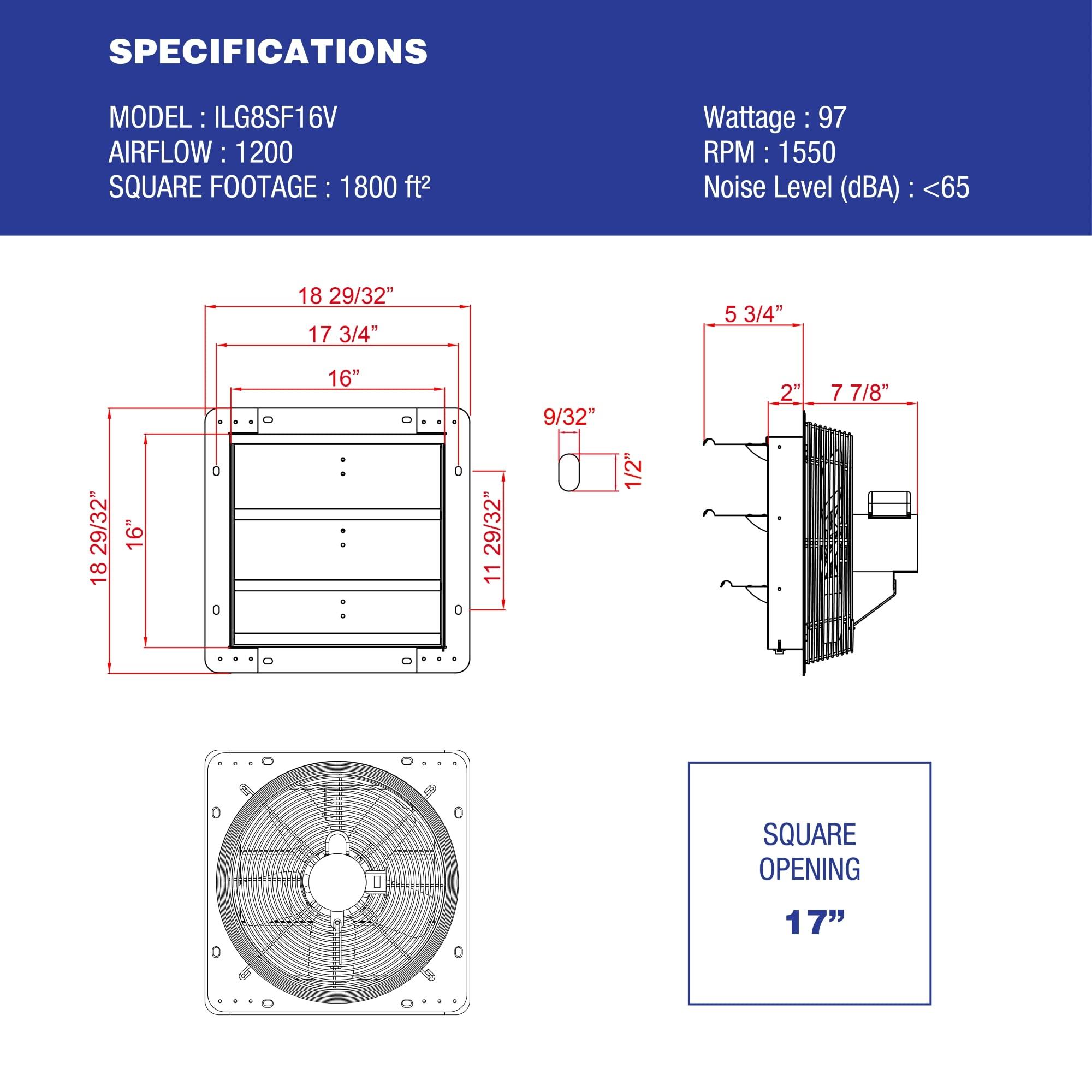 iLiving iLiving - 16" Wall Mounted Exhaust Fan - Automatic Shutter - Variable Speed - Vent Fan For Home Attic, Shed, or Garage Ventilation, 1200 CFM, 1800 SQF Coverage Area (Power Cord Not Included)