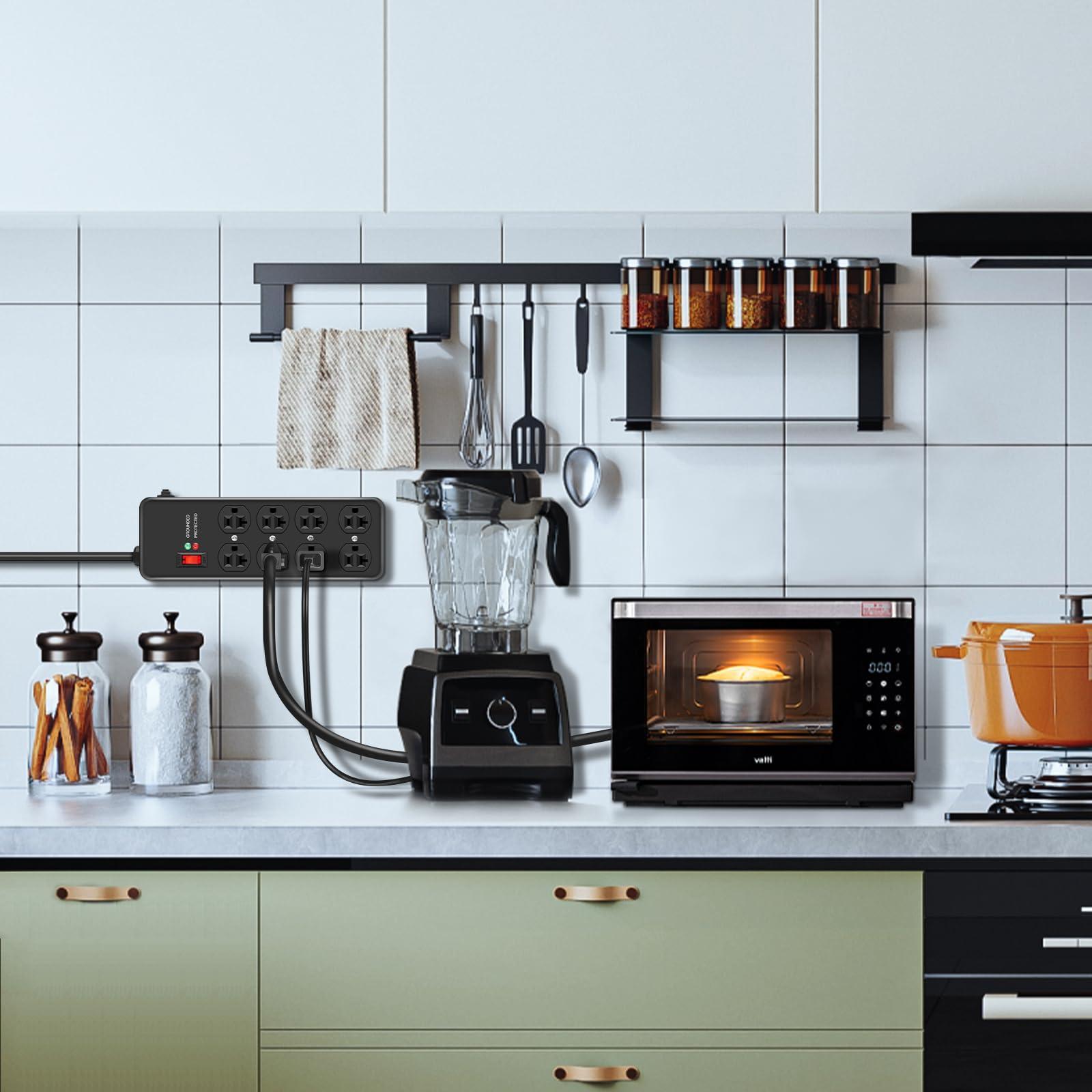 HEZI 20Amp Power Strip Surge Protector, Durable Metal 8-Outlet with Heavy Duty 20 Amp 10Ft 12 Gauge Extension Cord, for Garage, Workshop & Industrial Use with 6-20R T-Slot Outlets, 4800J