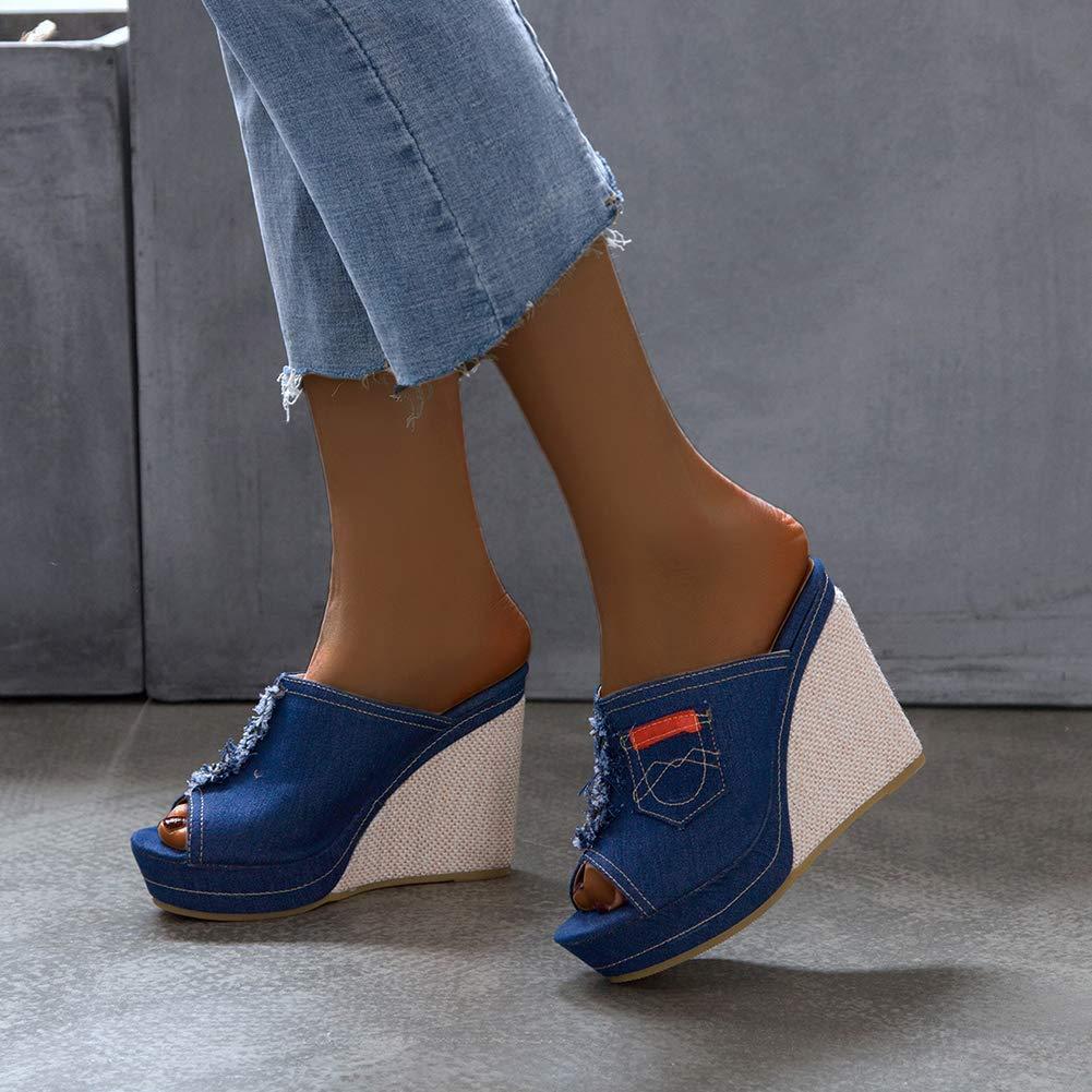 ZBYY ZBYY Women's Flip Flop Sandals Open Toe Denim Wedge Platform Shoes Outdoor High Heel Sandals for Wedding Party Dress