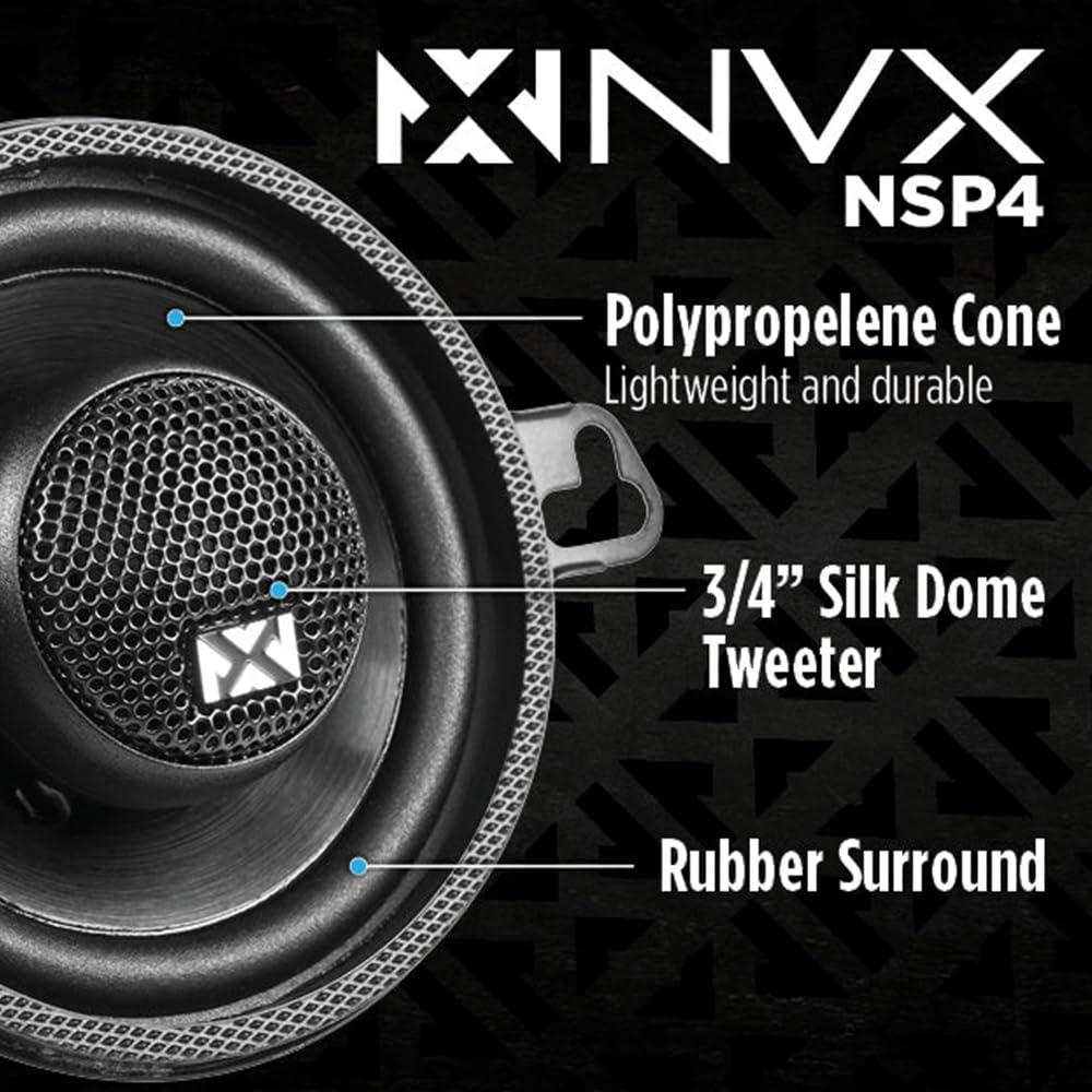 NVX NVX NSP4 4\" Car Speakers, 300W Max, 100W RMS, 2-Way Coaxial w/Silk Dome Tweeters & Built-in X-Overs, Easy to Install in Cars/Trucks/Doors (Pair)